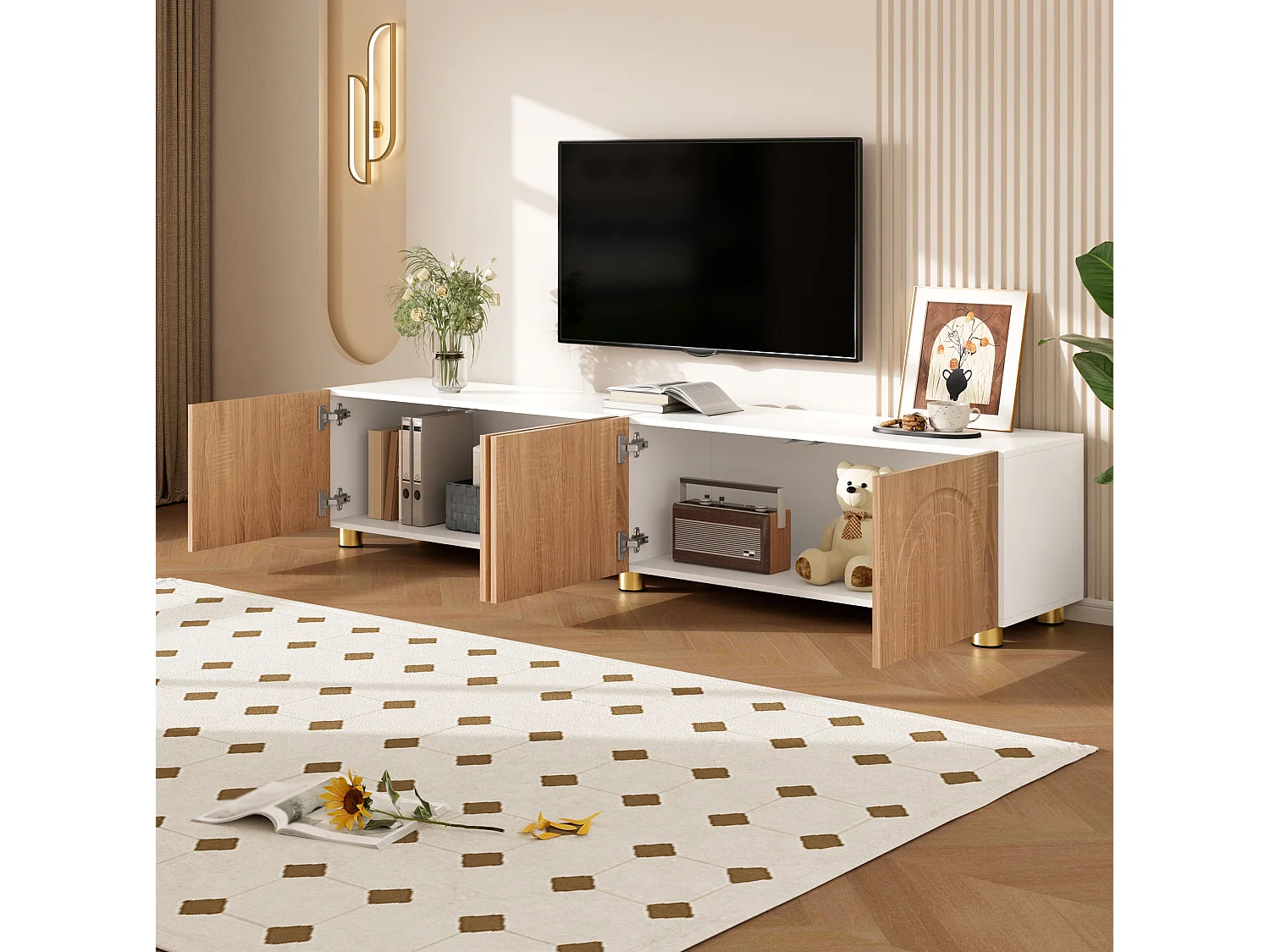 Mobile TV basso con modanature curve - 4 ante e gambe in metallo - Bianco e legno