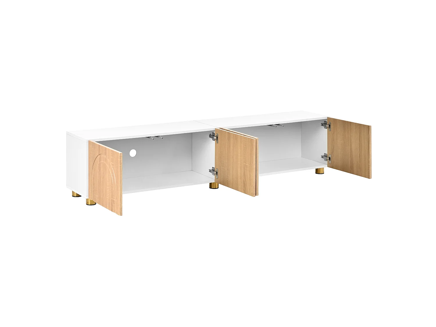Mobile TV basso con modanature curve - 4 ante e gambe in metallo - Bianco e legno