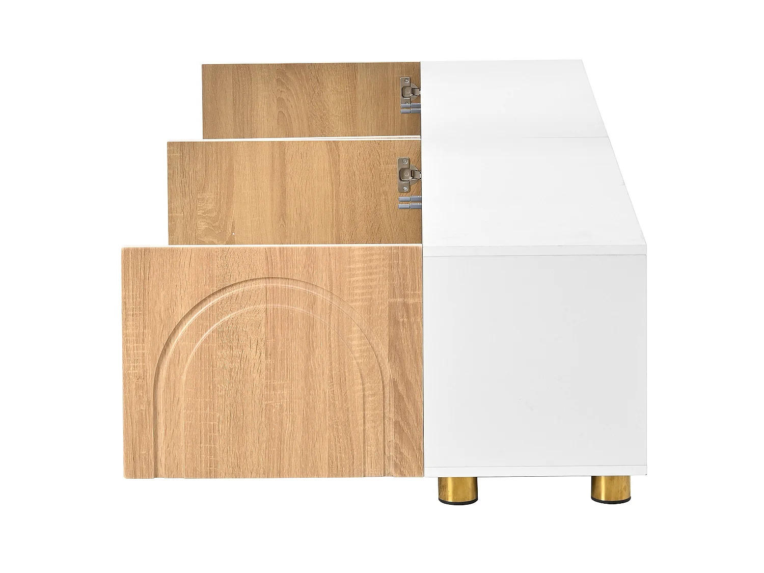 Mobile TV basso con modanature curve - 4 ante e gambe in metallo - Bianco e legno