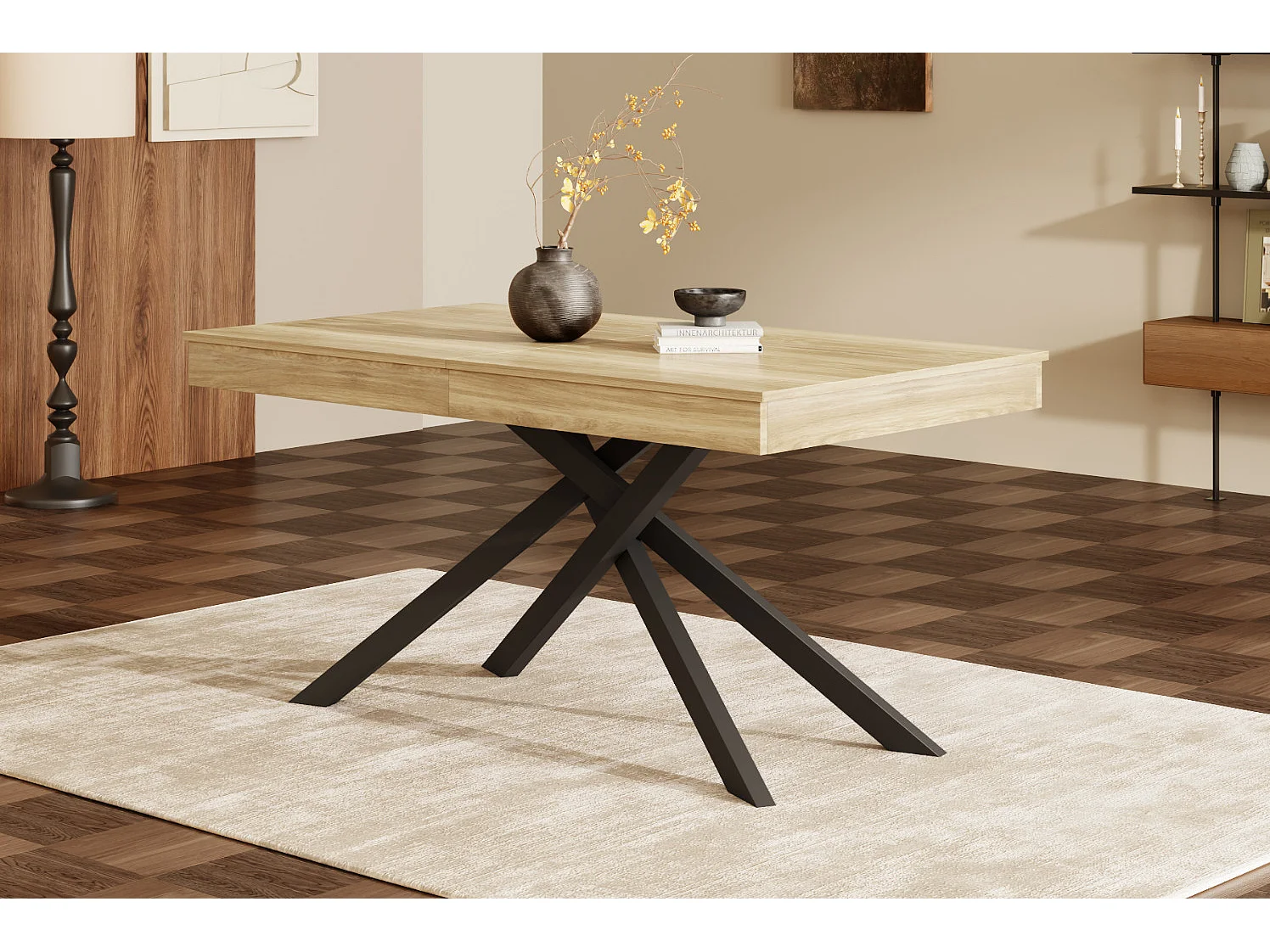 Table à manger extensible 140/180 x 80 cm avec plateau épais et pieds en métal - Couleur bois