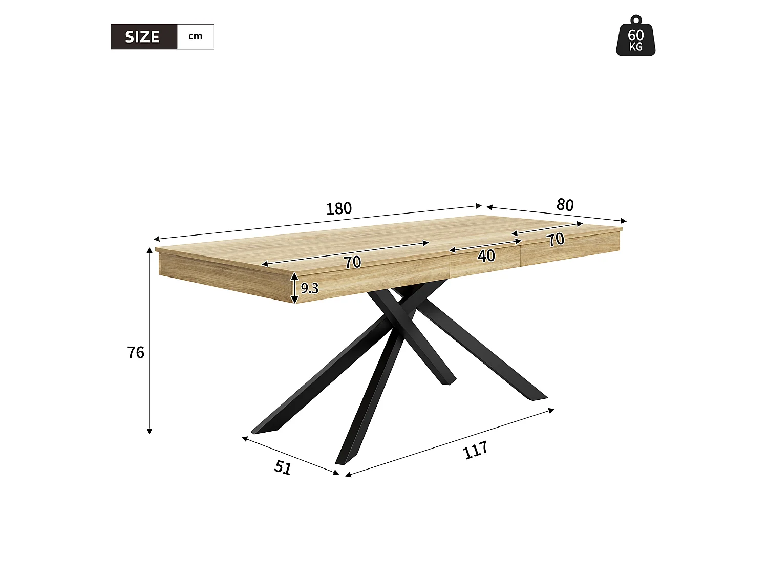 Table à manger extensible 140/180 x 80 cm avec plateau épais et pieds en métal - Couleur bois