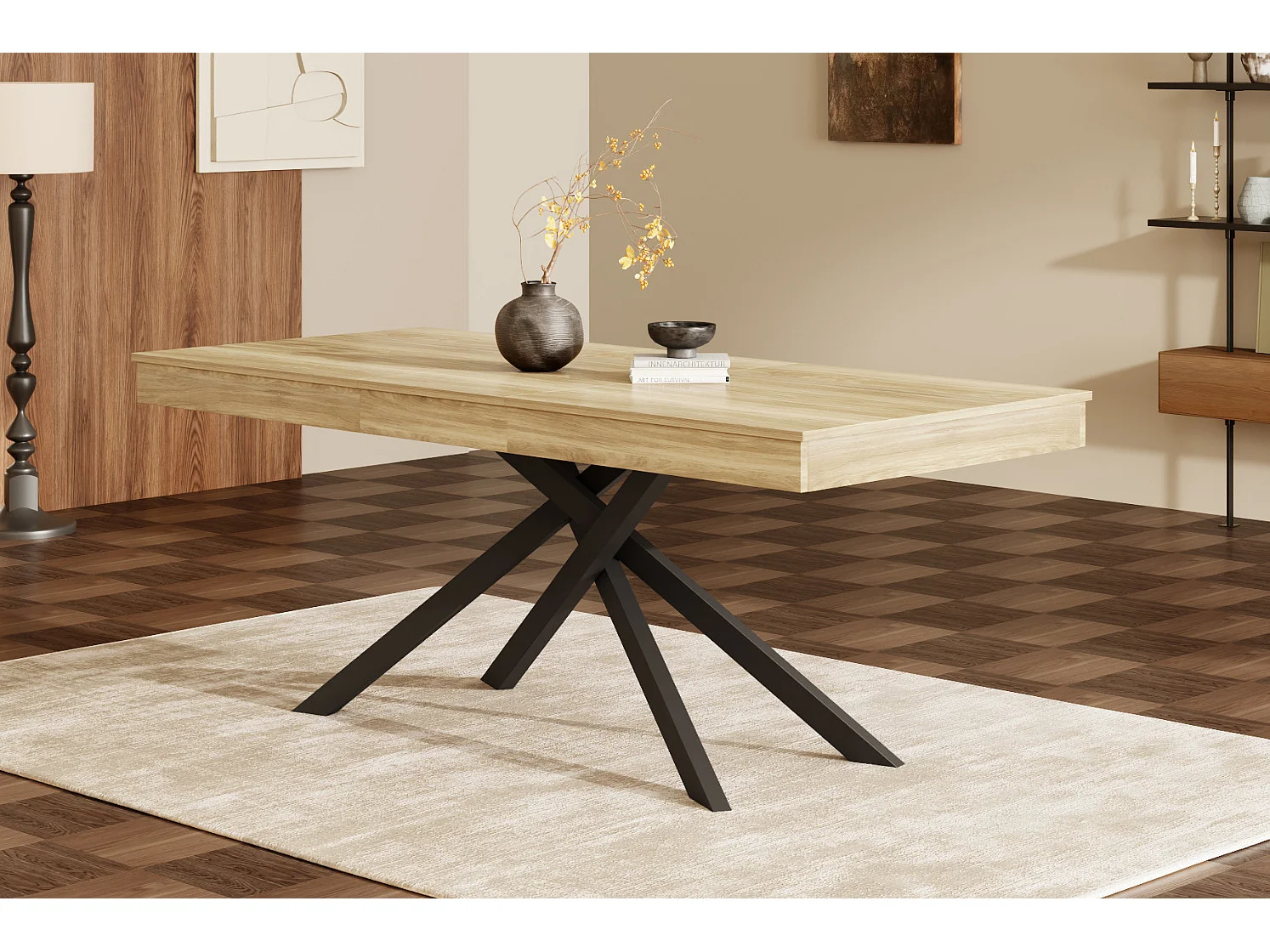 Table à manger extensible 140/180 x 80 cm avec plateau épais et pieds en métal - Couleur bois