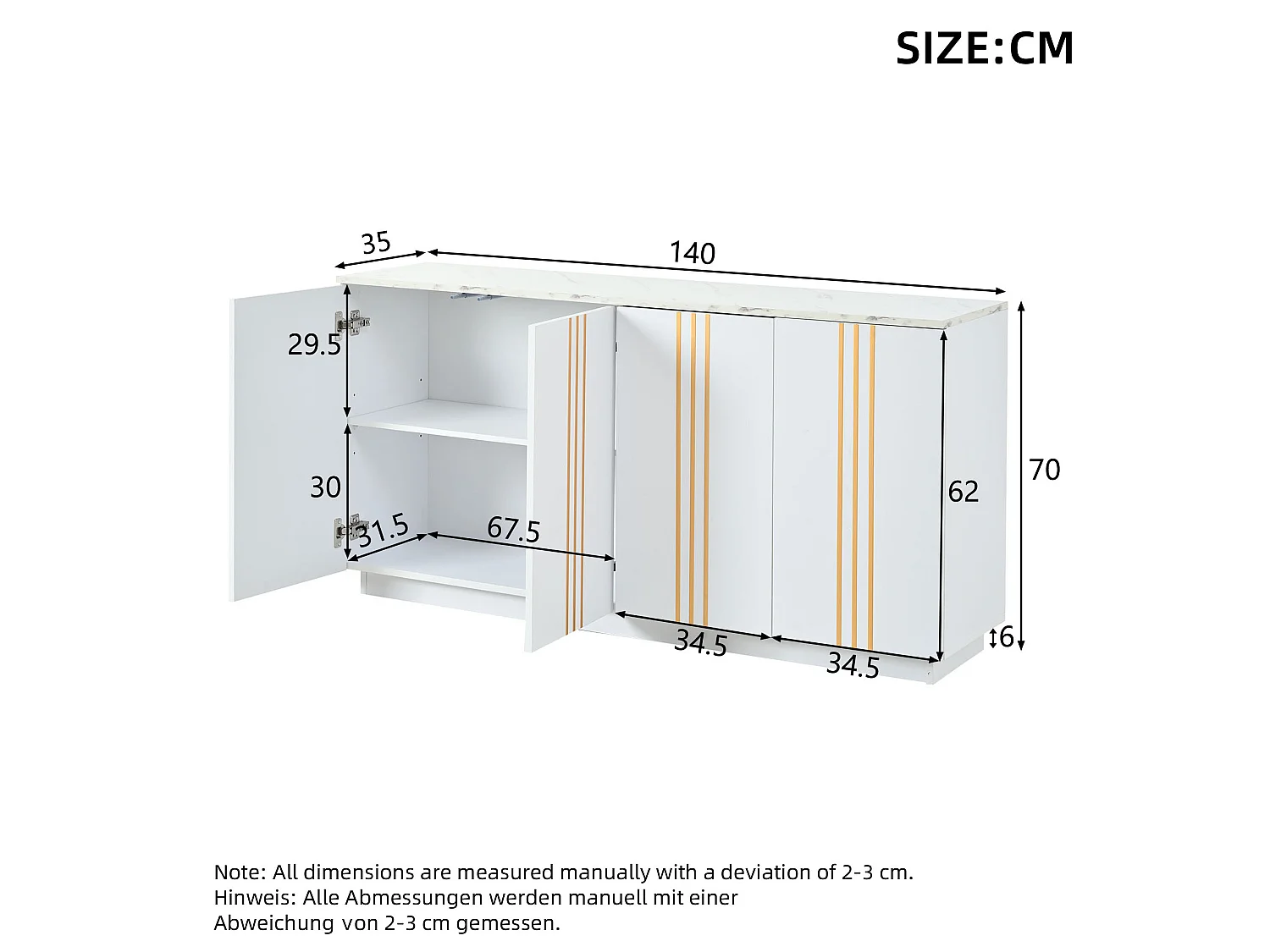 Buffet à 4 portes 140 x 35 x 70 cm - Design orné de lignes dorées - Blanc et or