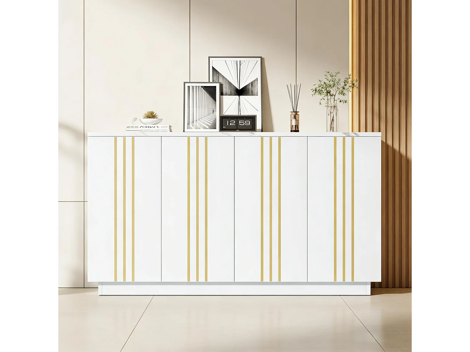 Buffet à 4 portes 140 x 35 x 70 cm - Design orné de lignes dorées - Blanc et or