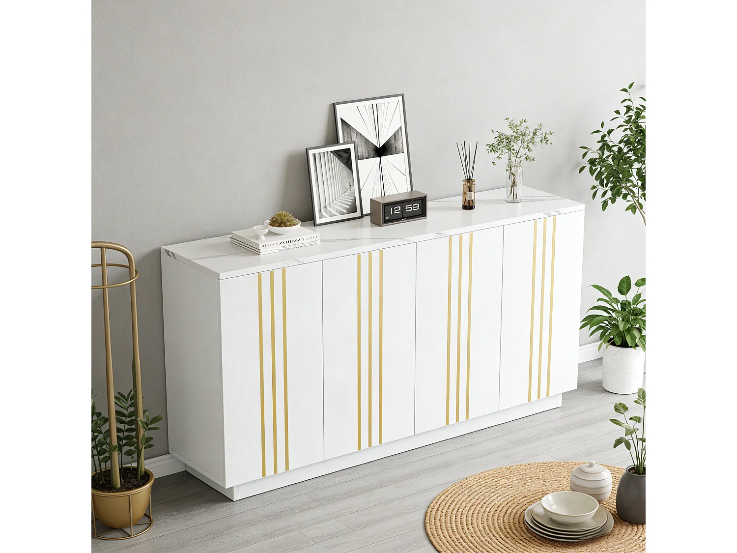 Buffet à 4 portes 140 x 35 x 70 cm - Design orné de lignes dorées - Blanc et or