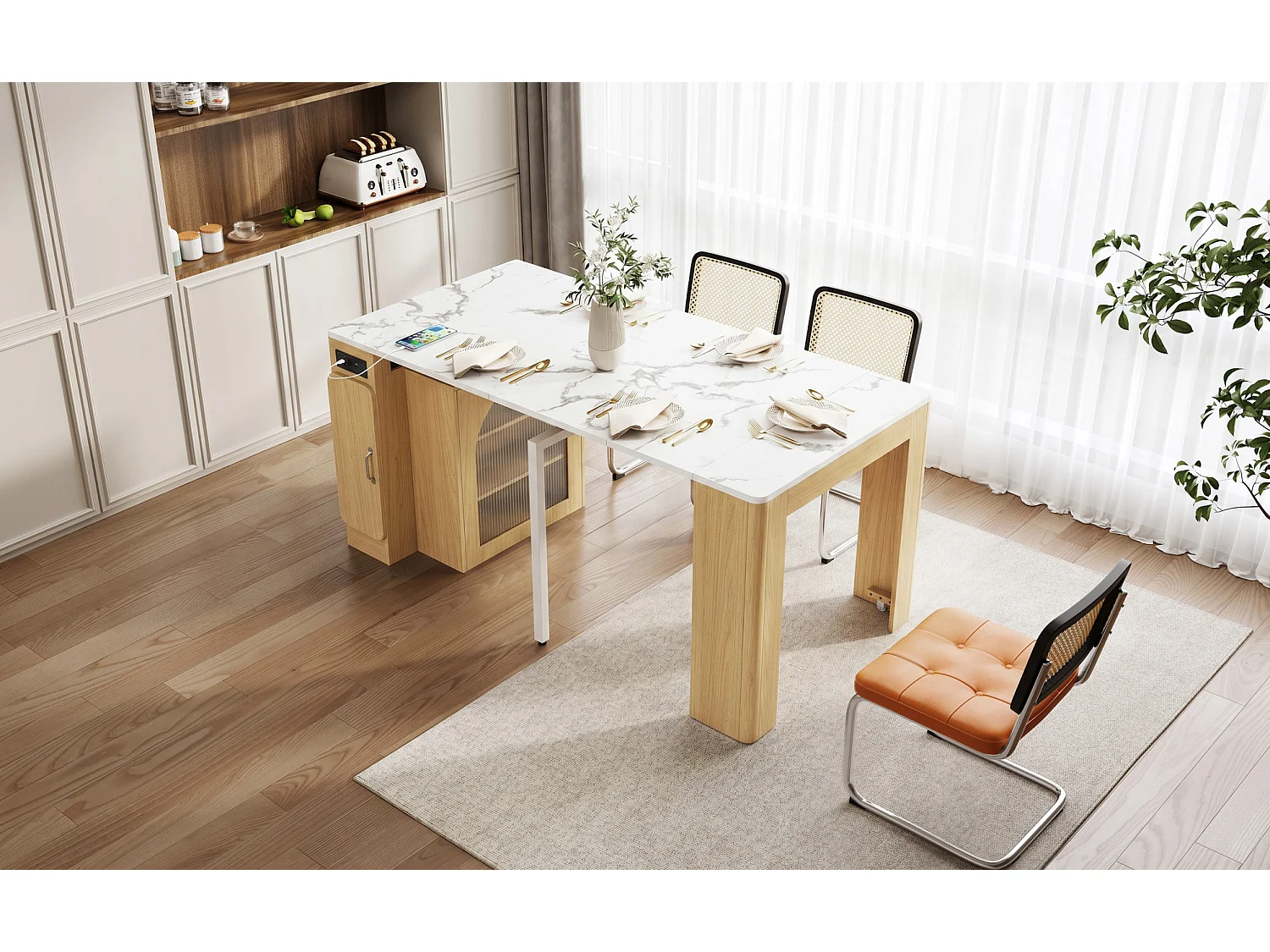 Îlot de cuisine sur roulettes avec multiprises et table extensible - Naturel et blanc en MDF