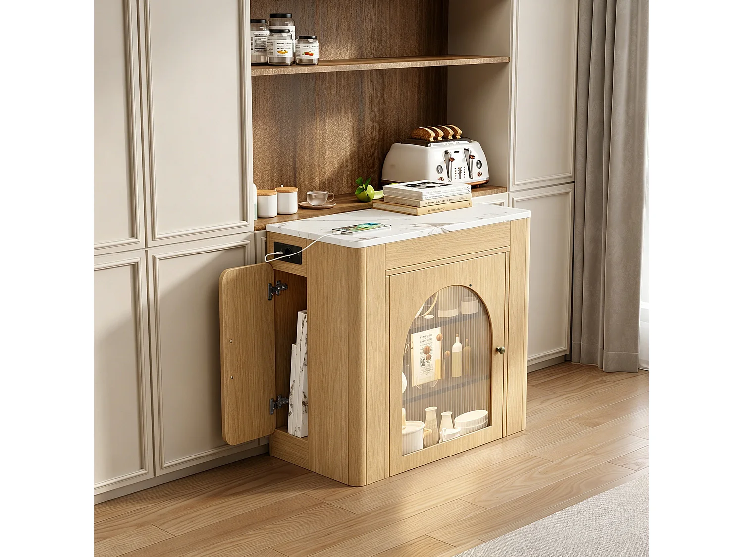 Îlot de cuisine sur roulettes avec multiprises et table extensible - Naturel et blanc en MDF