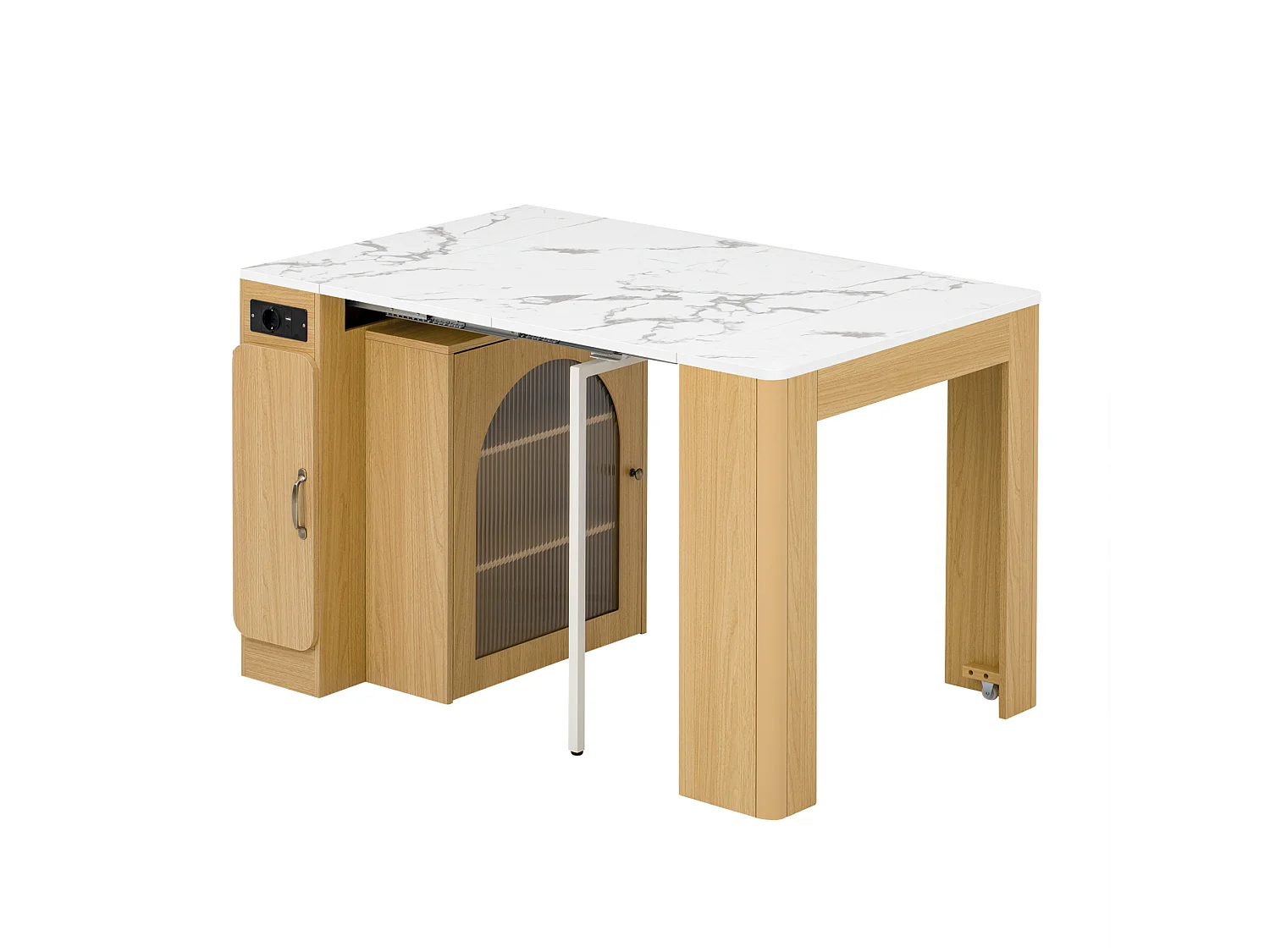 Îlot de cuisine sur roulettes avec multiprises et table extensible - Naturel et blanc en MDF