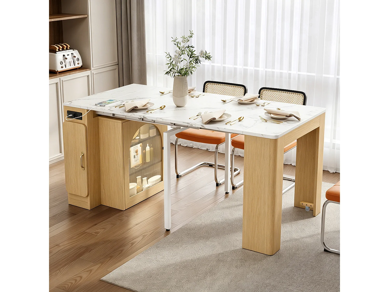 Îlot de cuisine sur roulettes avec multiprises et table extensible - Naturel et blanc en MDF