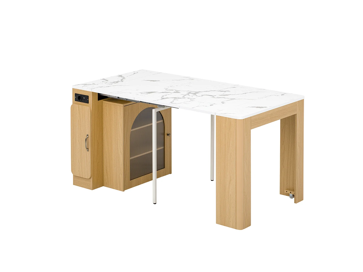 Îlot de cuisine sur roulettes avec multiprises et table extensible - Naturel et blanc en MDF