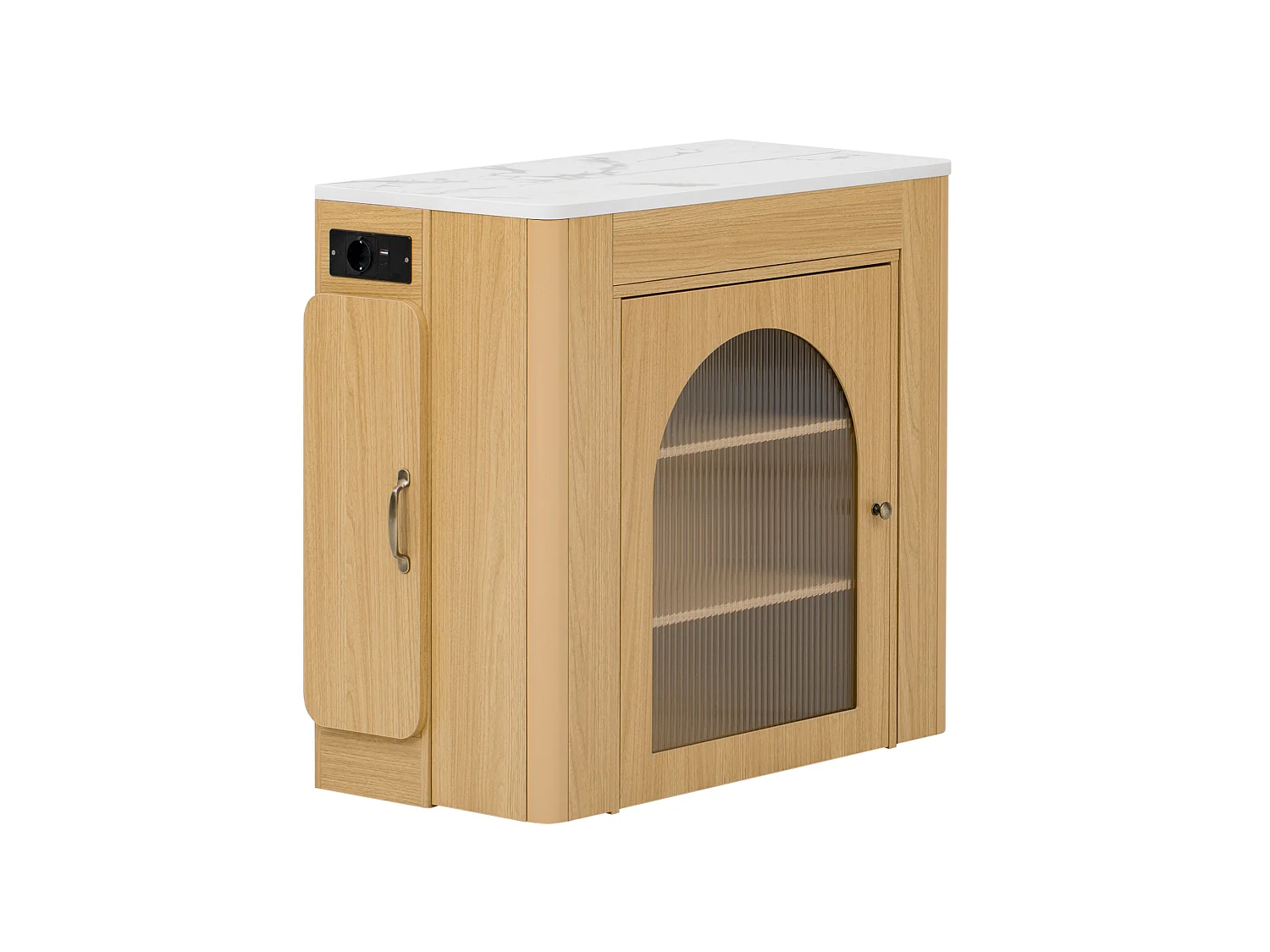 Îlot de cuisine sur roulettes avec multiprises et table extensible - Naturel et blanc en MDF