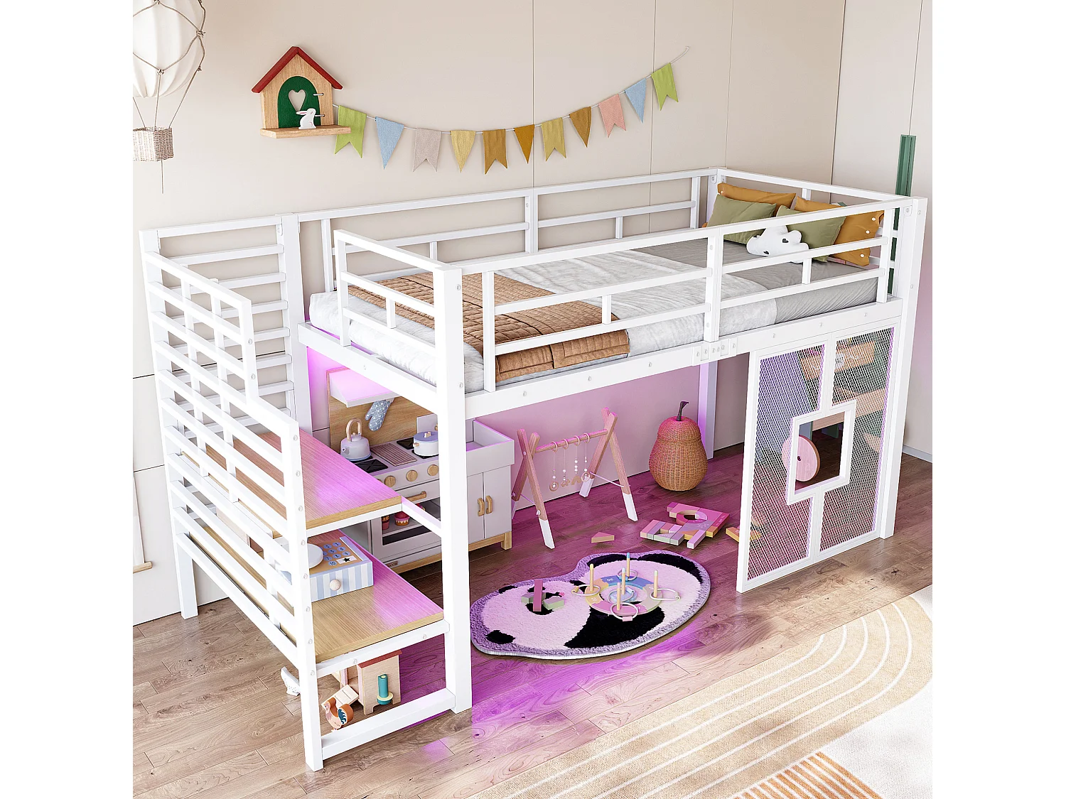 Cama alta de metal blanco de 90 x 200 cm con espacio de almacenamiento, iluminación LED y ventanas