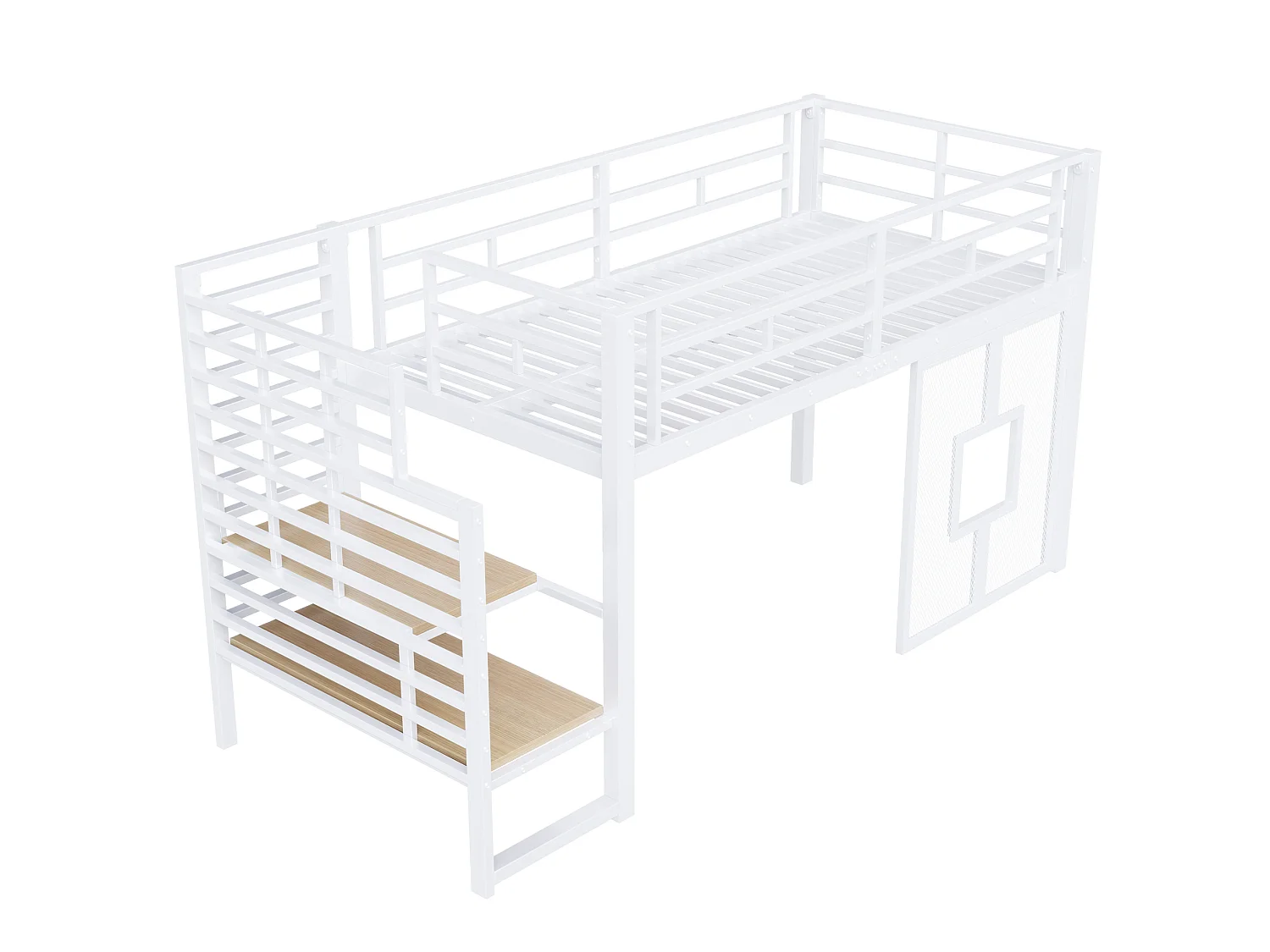 Cama alta de metal blanco de 90 x 200 cm con espacio de almacenamiento, iluminación LED y ventanas