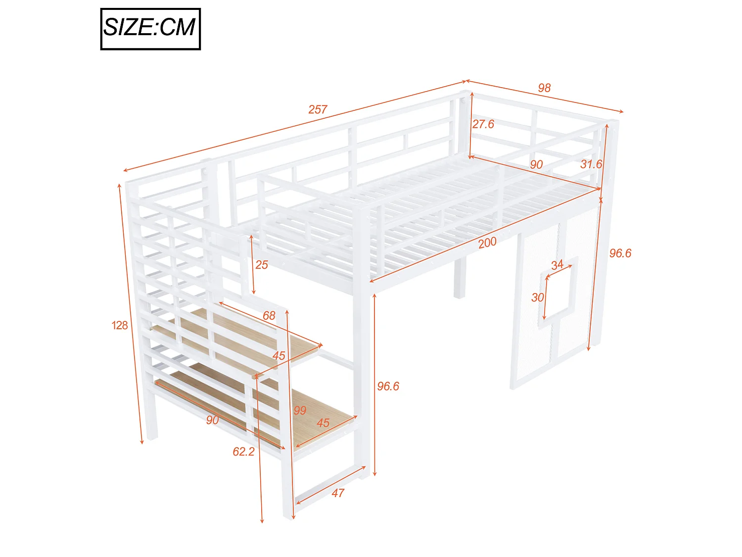 Cama alta de metal blanco de 90 x 200 cm con espacio de almacenamiento, iluminación LED y ventanas
