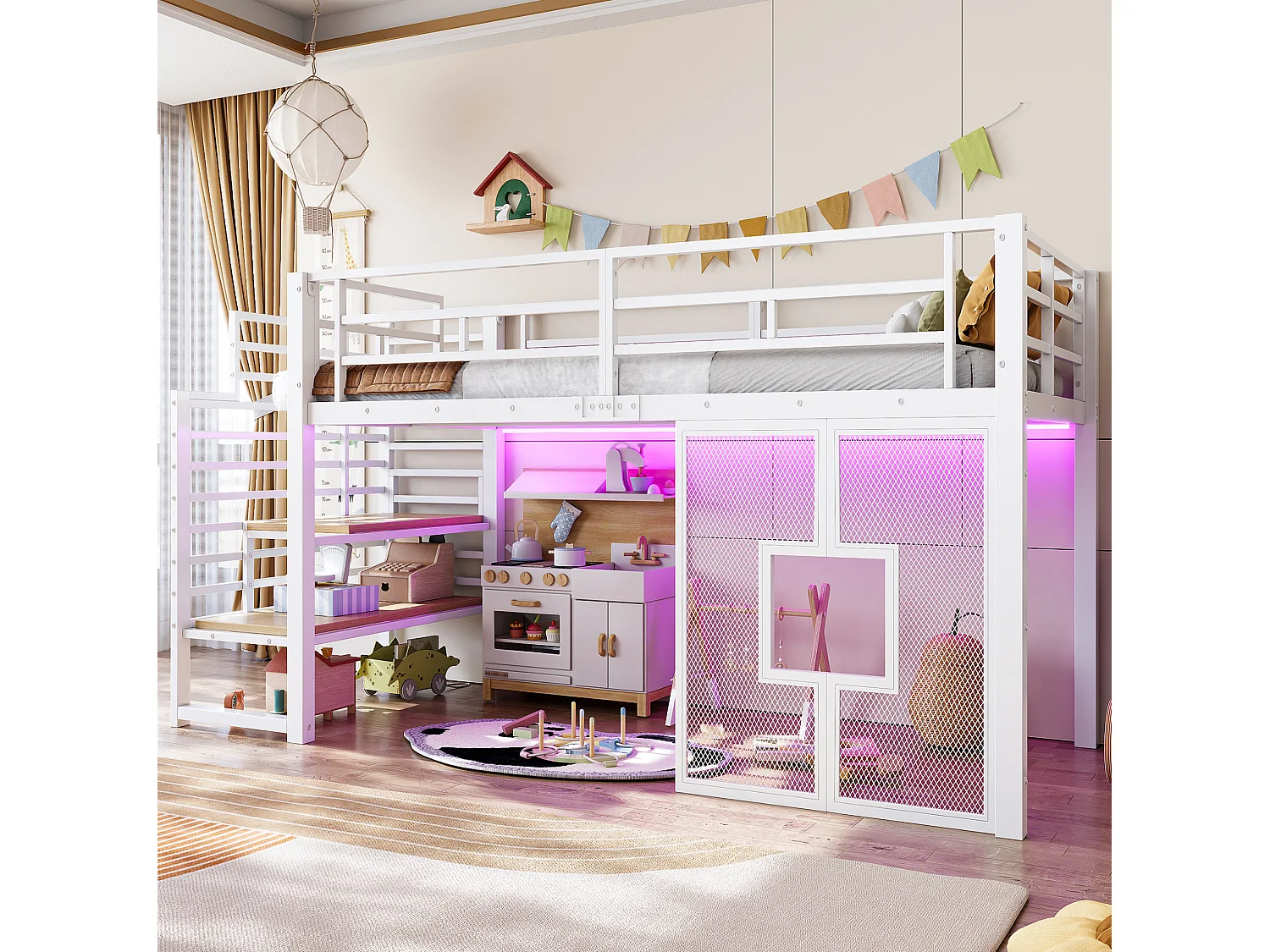Cama alta de metal blanco de 90 x 200 cm con espacio de almacenamiento, iluminación LED y ventanas