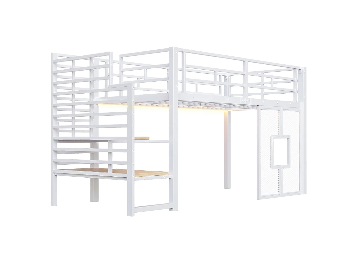 Cama alta de metal blanco de 90 x 200 cm con espacio de almacenamiento, iluminación LED y ventanas