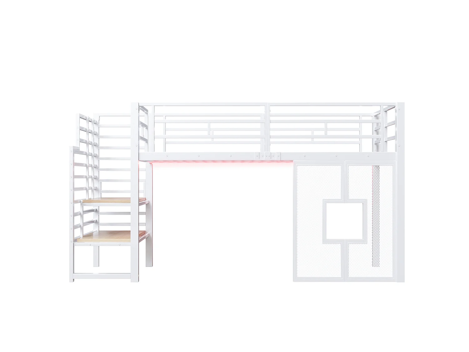 Cama alta de metal blanco de 90 x 200 cm con espacio de almacenamiento, iluminación LED y ventanas
