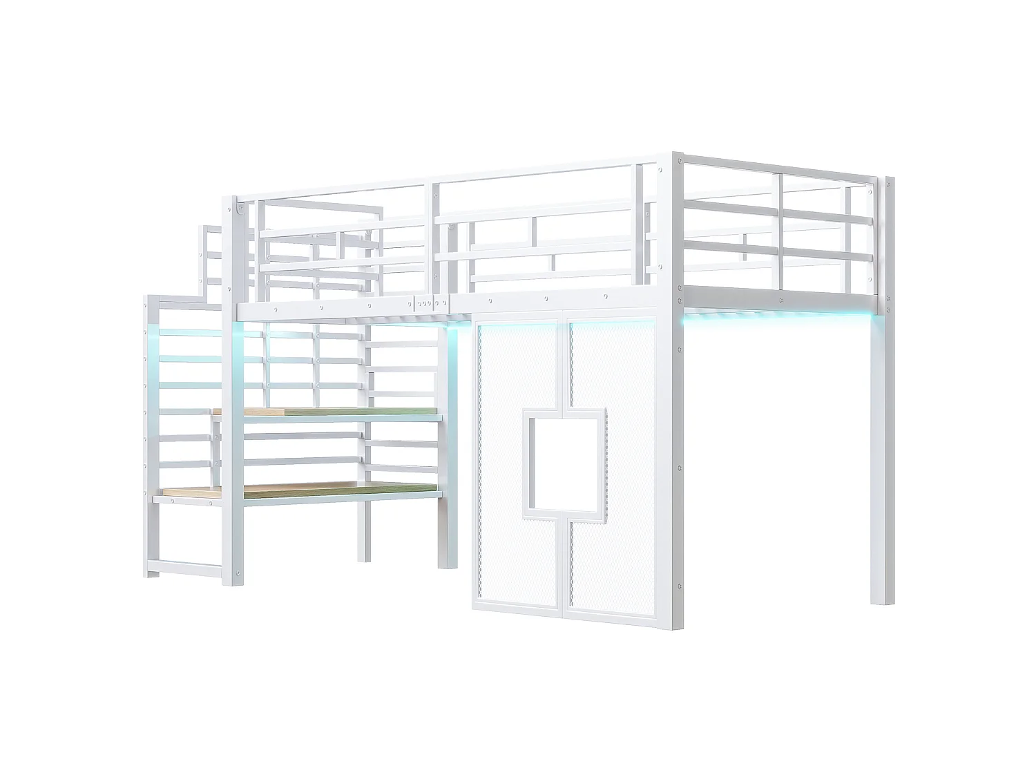 Cama alta de metal blanco de 90 x 200 cm con espacio de almacenamiento, iluminación LED y ventanas