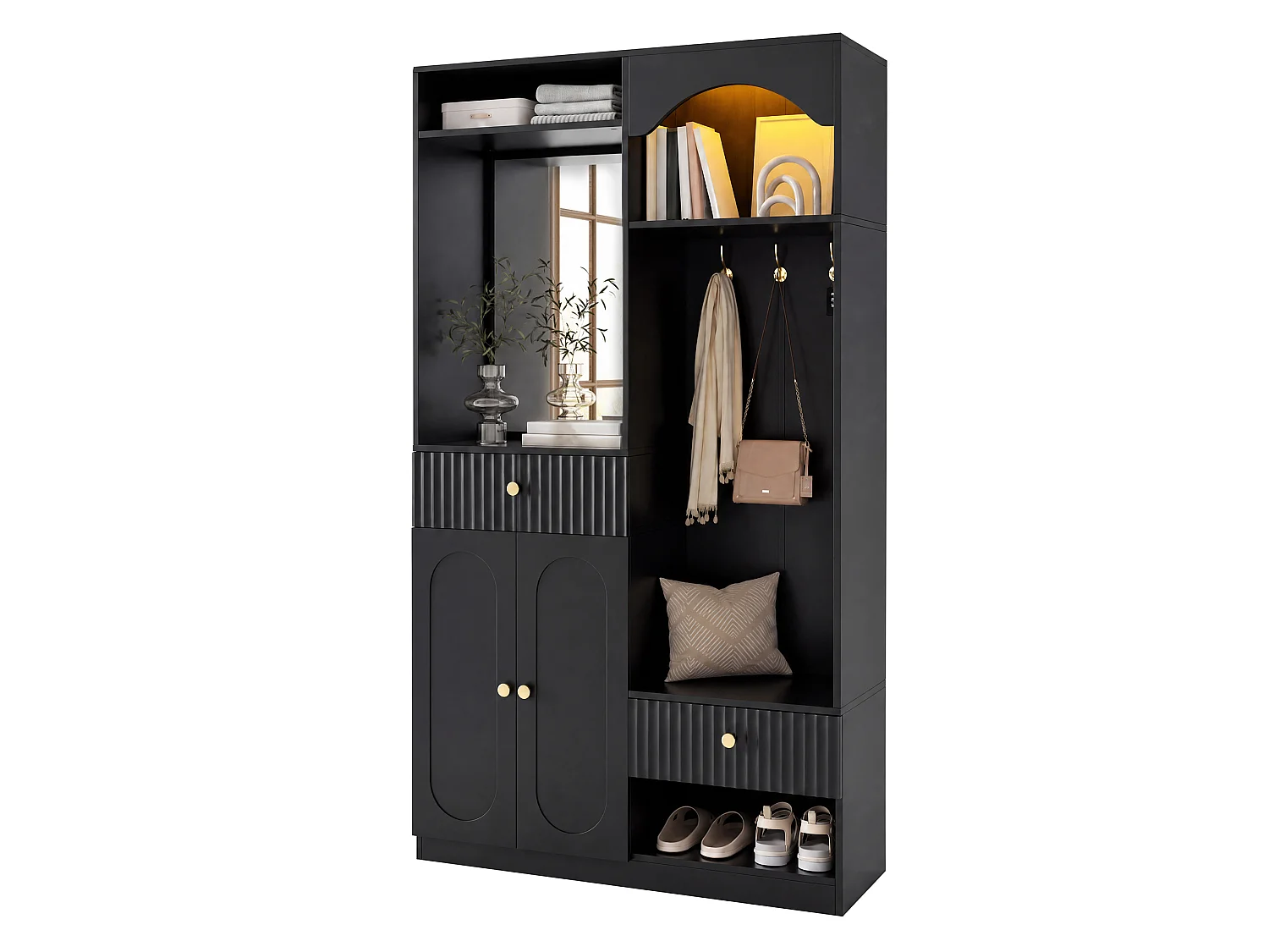 Kledingkast met spiegel, 2 lades en bankje, LED-verlichting - Zwart 100 x 35 x 180 cm