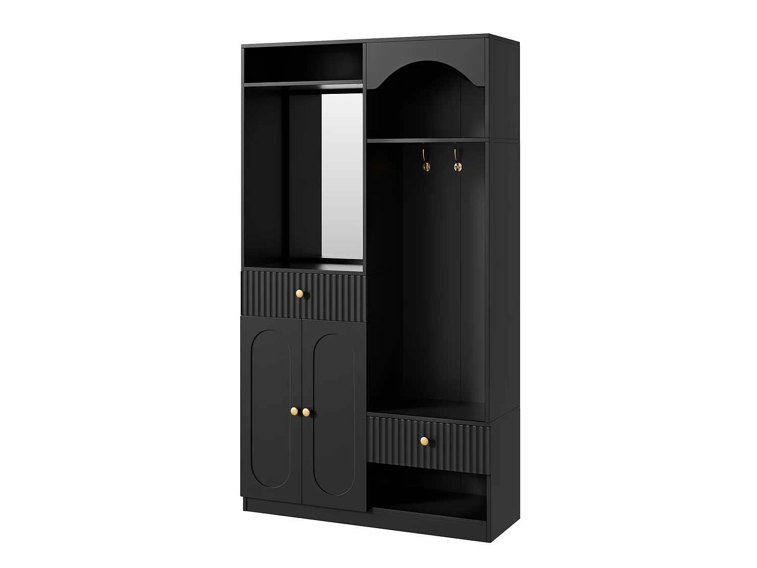 Kledingkast met spiegel, 2 lades en bankje, LED-verlichting - Zwart 100 x 35 x 180 cm
