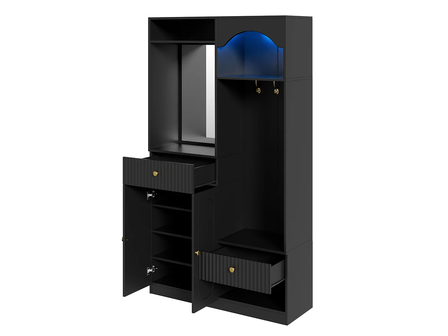 Kledingkast met spiegel, 2 lades en bankje, LED-verlichting - Zwart 100 x 35 x 180 cm