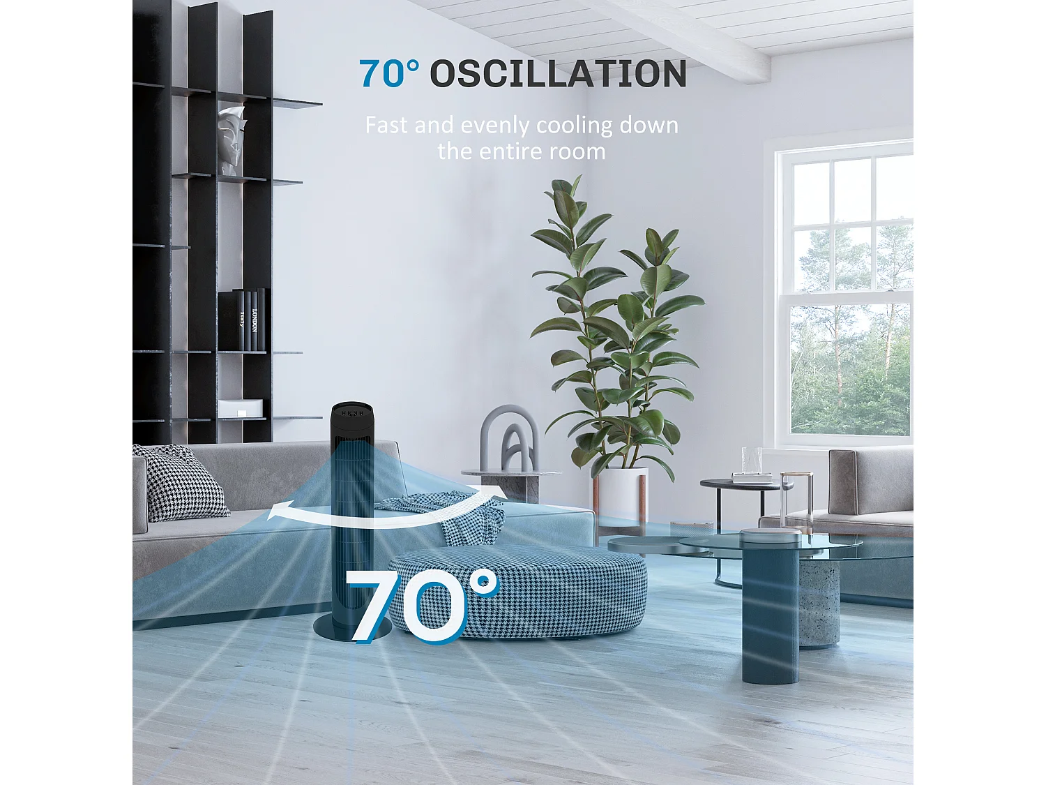 Stille torenventilator van 45 W, Ø27 x H75 cm, met 3 snelheden en 70° zwenking - Zwart