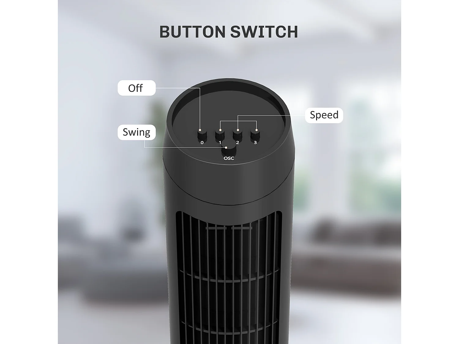 Stille torenventilator van 45 W, Ø27 x H75 cm, met 3 snelheden en 70° zwenking - Zwart