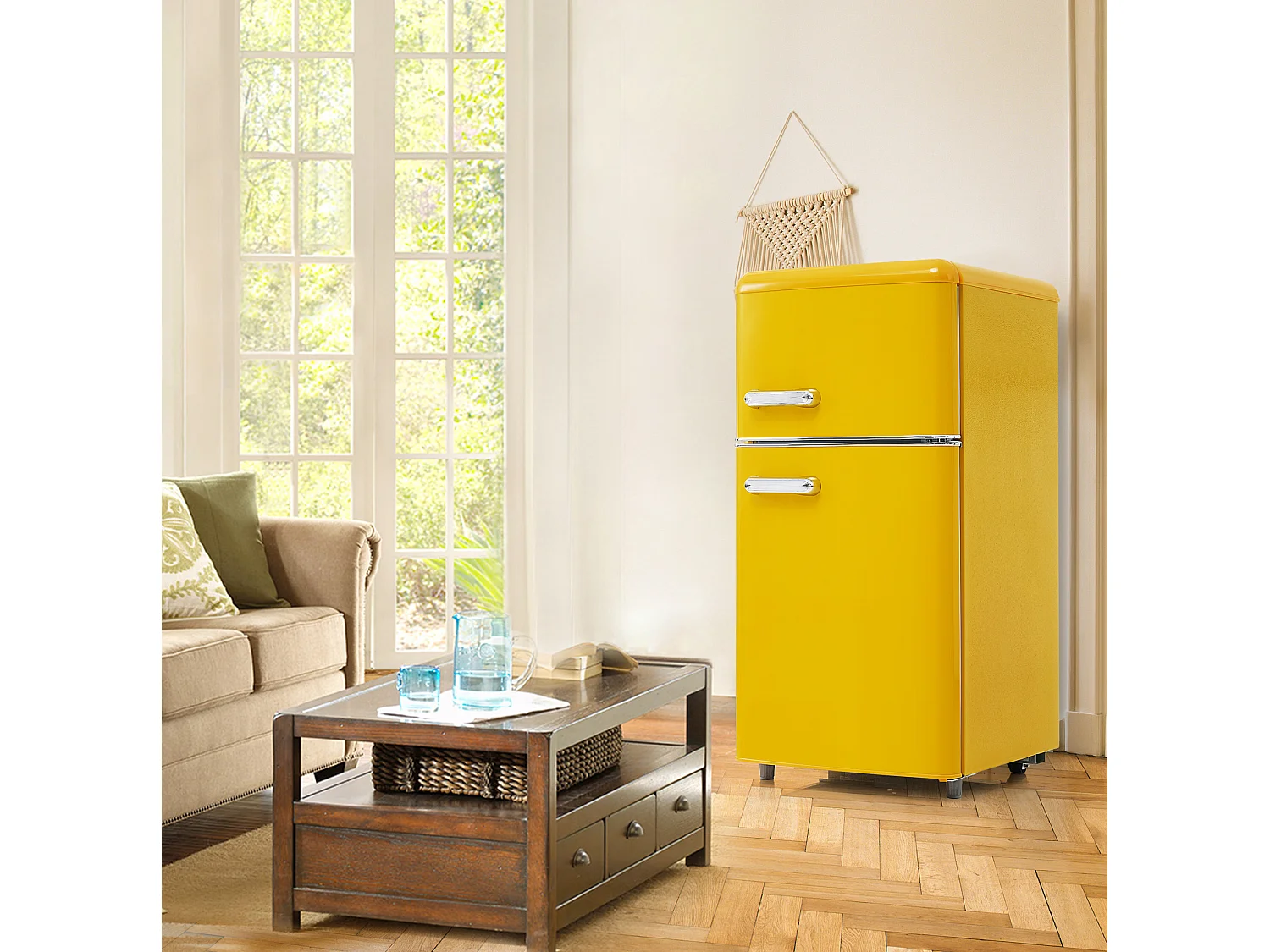 Frigorifero in stile retrò da 72 litri con 2 porte e illuminazione a LED - Congelatore da 21 litri - Giallo