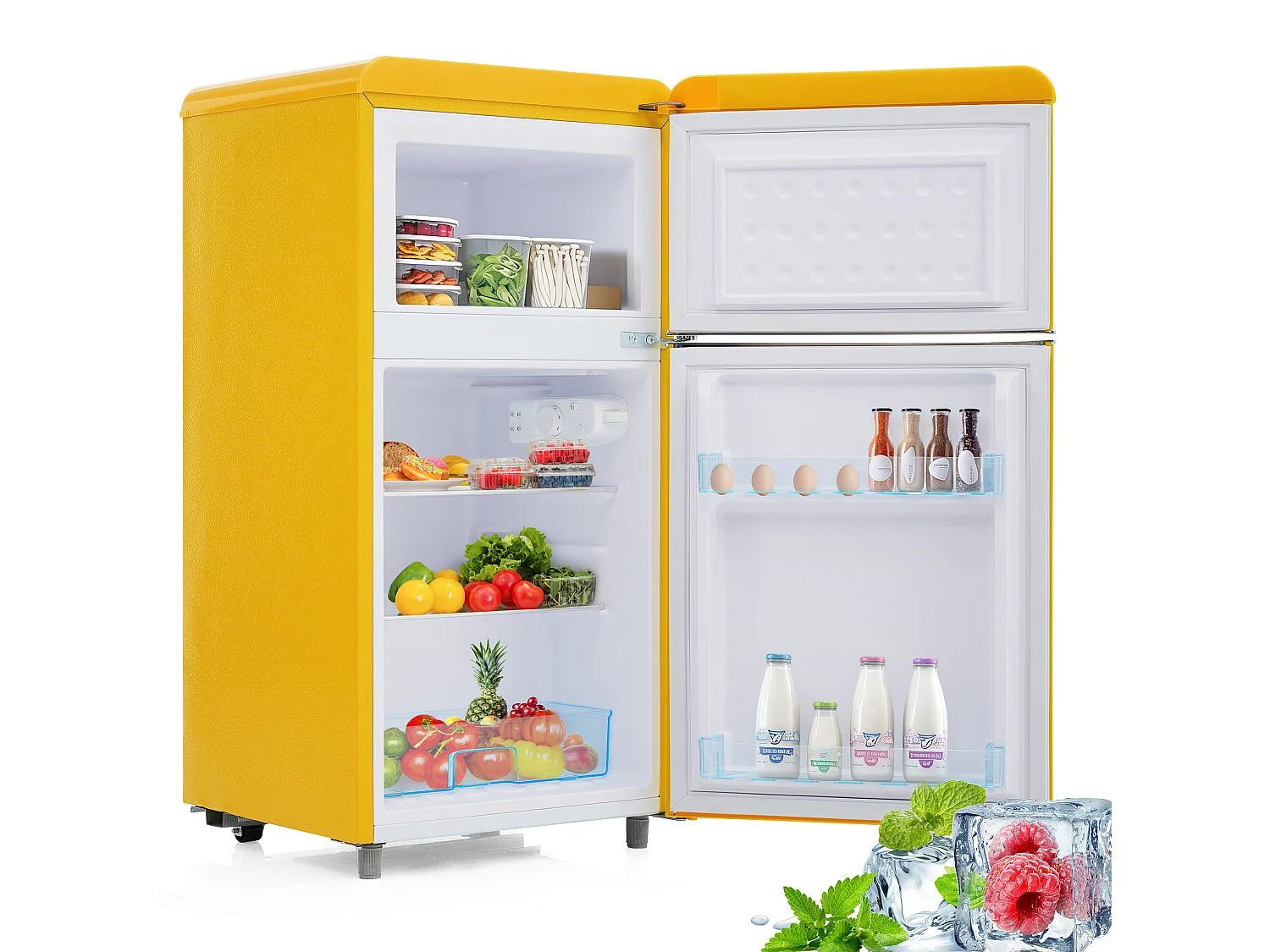 Frigorifero in stile retrò da 72 litri con 2 porte e illuminazione a LED - Congelatore da 21 litri - Giallo