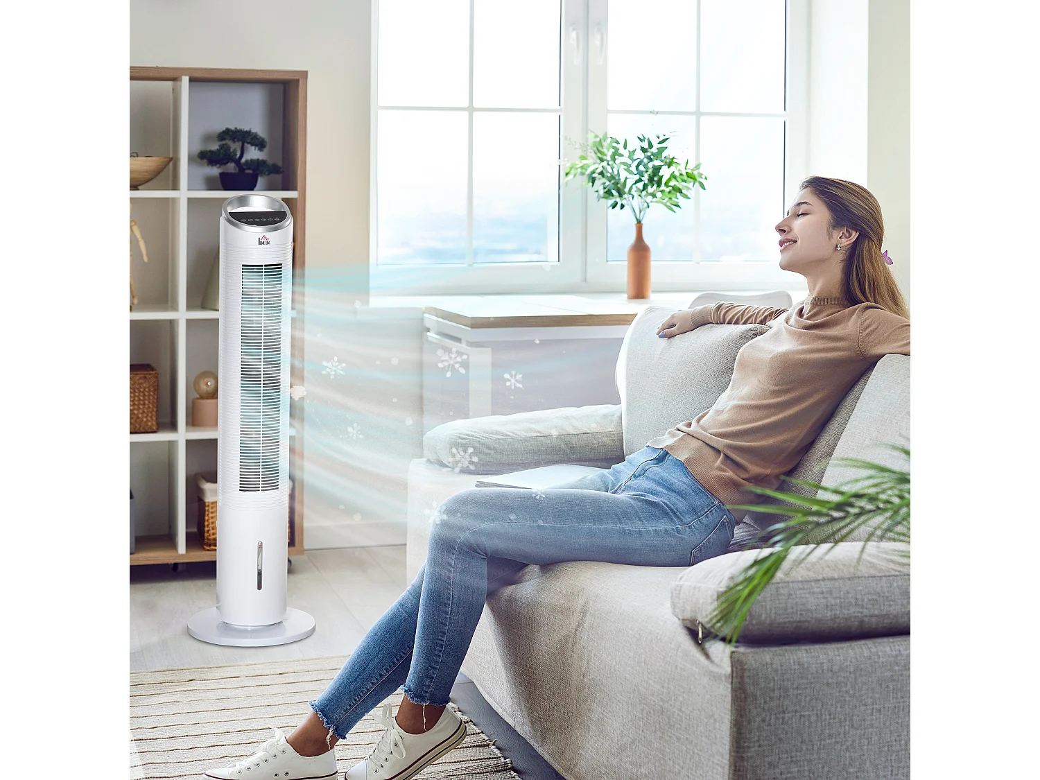 Ventilateur tour rafraîchisseur d'air 60W blanc avec humidification, télécommande et minuterie 8 h
