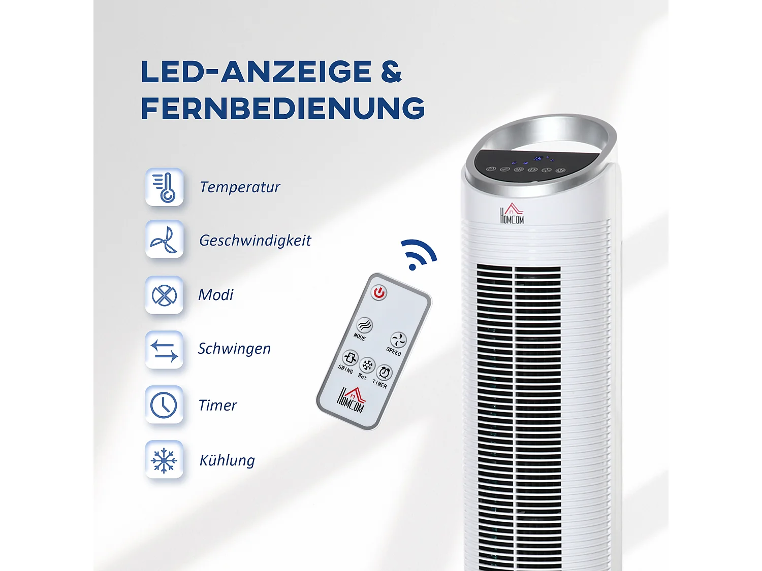 Ventilateur tour rafraîchisseur d'air 60W blanc avec humidification, télécommande et minuterie 8 h