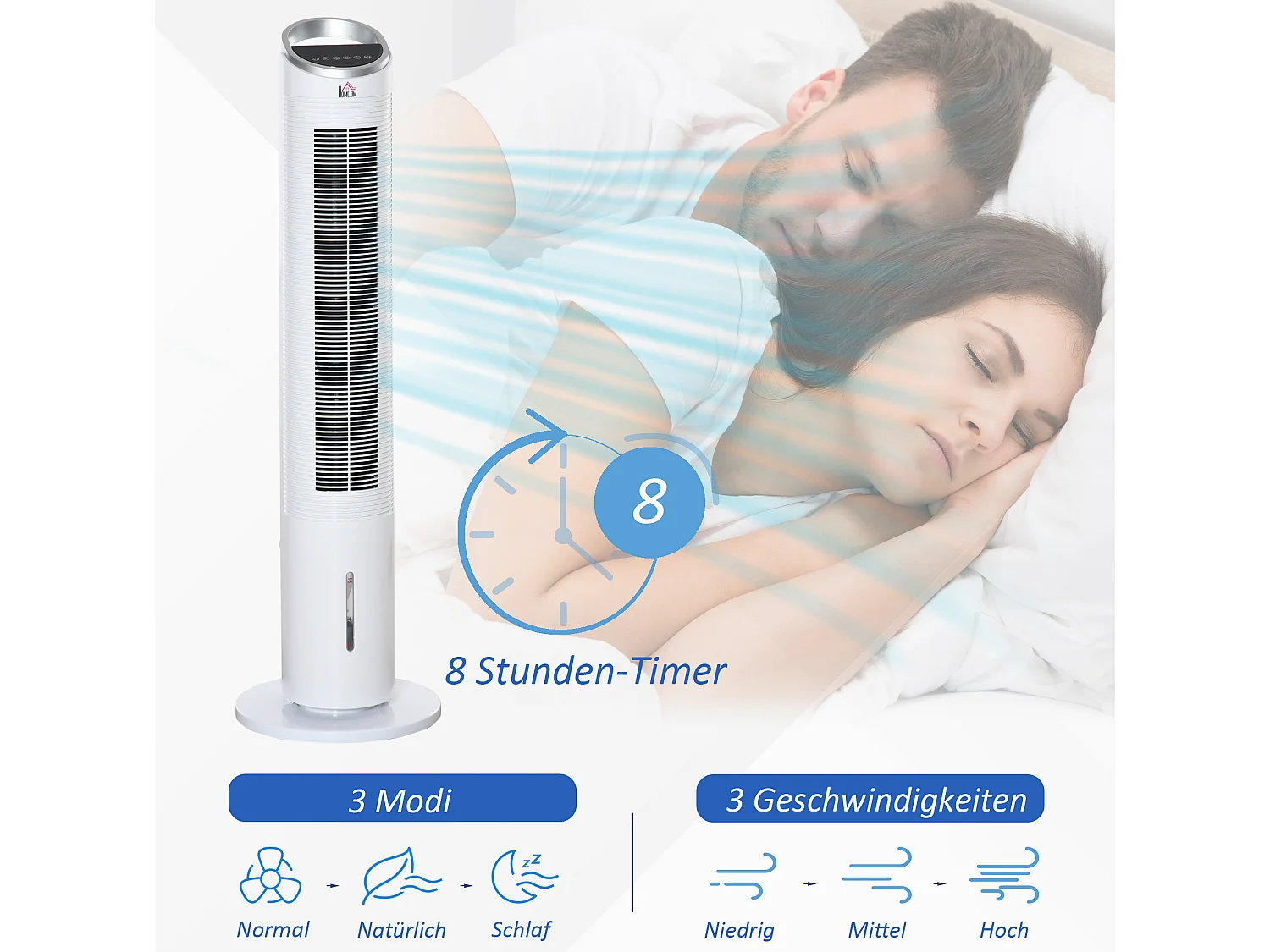 Ventilateur tour rafraîchisseur d'air 60W blanc avec humidification, télécommande et minuterie 8 h