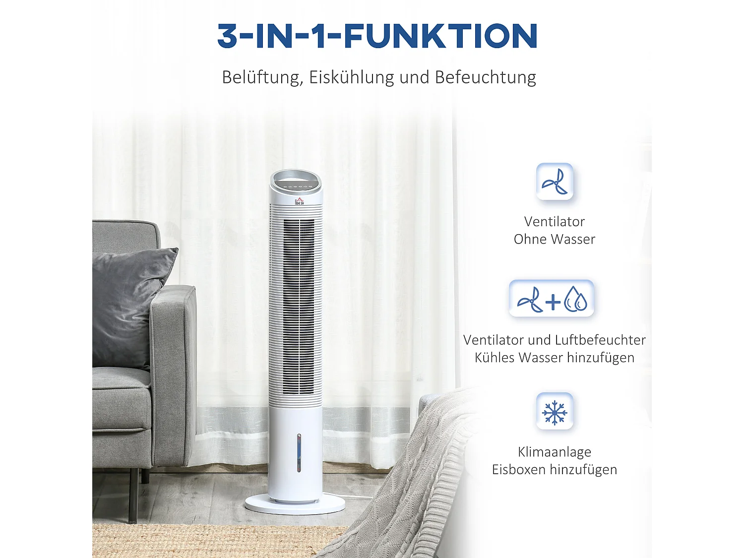 Ventilateur tour rafraîchisseur d'air 60W blanc avec humidification, télécommande et minuterie 8 h