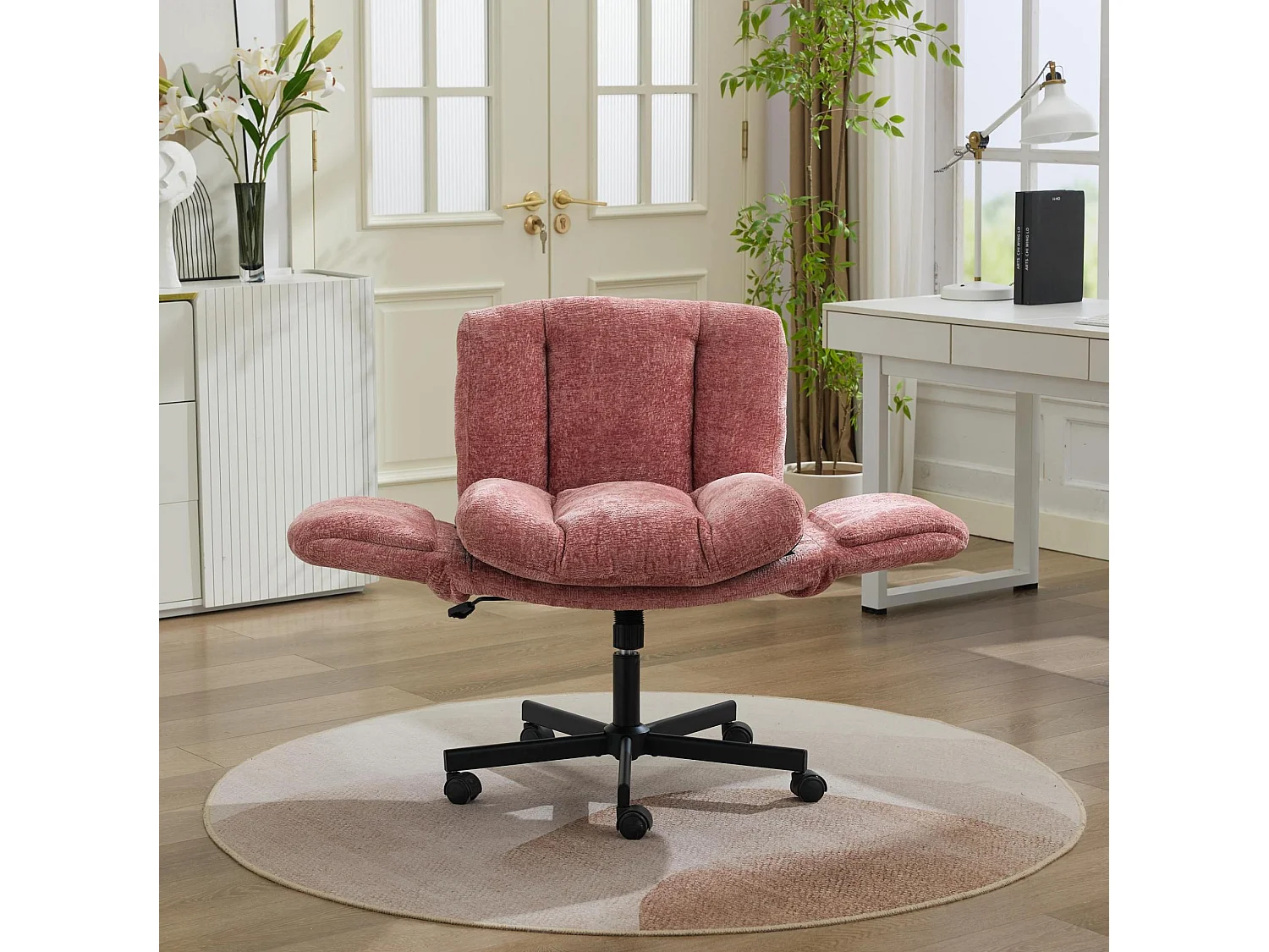 Chaise de bureau pivotante en chenille avec réglable en hauteur et accoudoirs convertibles - Rose