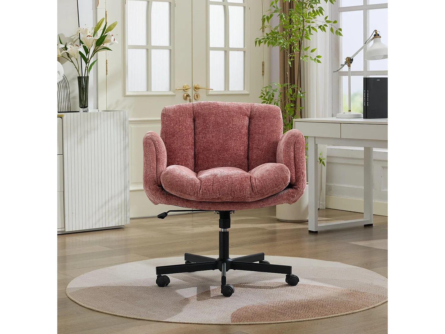Chaise de bureau pivotante en chenille avec réglable en hauteur et accoudoirs convertibles - Rose