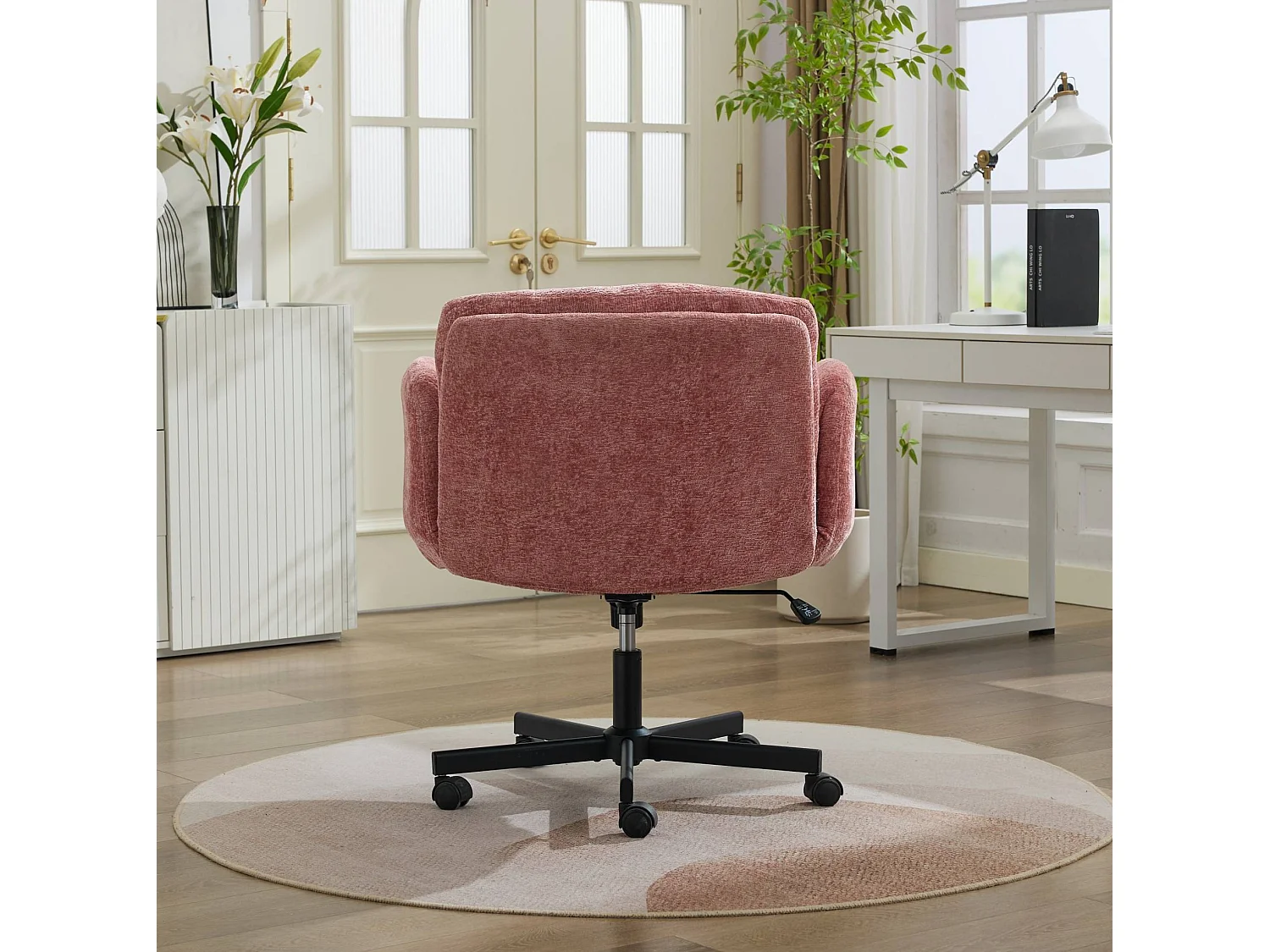 Chaise de bureau pivotante en chenille avec réglable en hauteur et accoudoirs convertibles - Rose