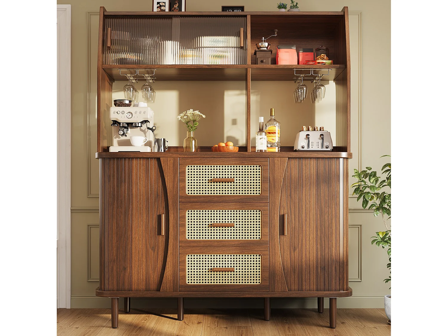 Buffet de cuisine avec portes coulissantes et 3 tiroirs en aspec rotin - Marron