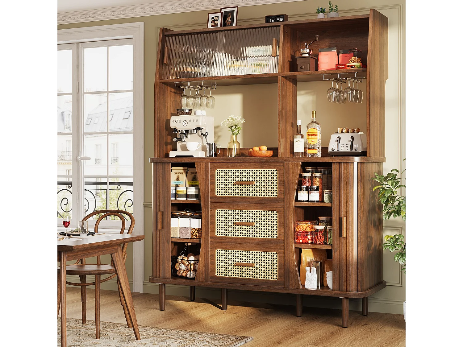 Buffet de cuisine avec portes coulissantes et 3 tiroirs en aspec rotin - Marron