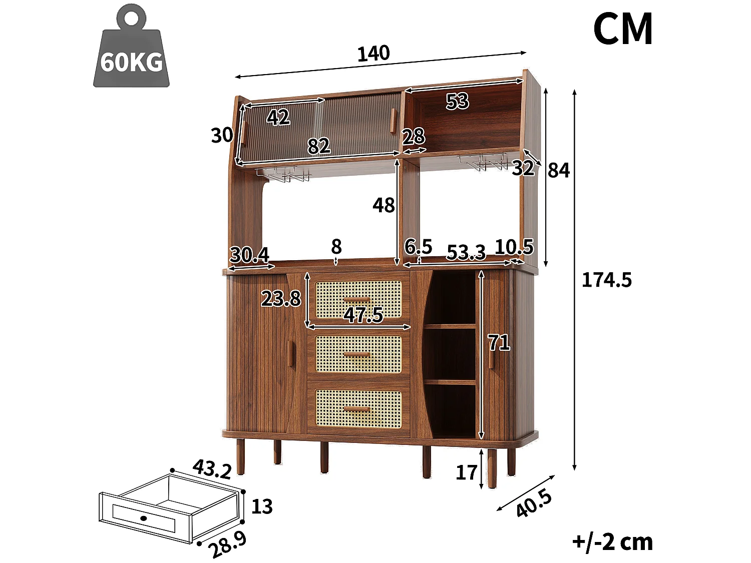 Buffet de cuisine avec portes coulissantes et 3 tiroirs en aspec rotin - Marron