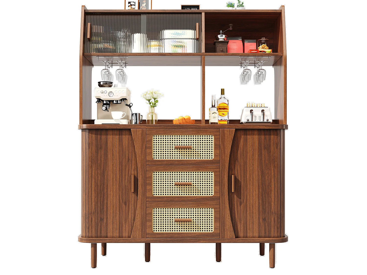 Buffet de cuisine avec portes coulissantes et 3 tiroirs en aspec rotin - Marron
