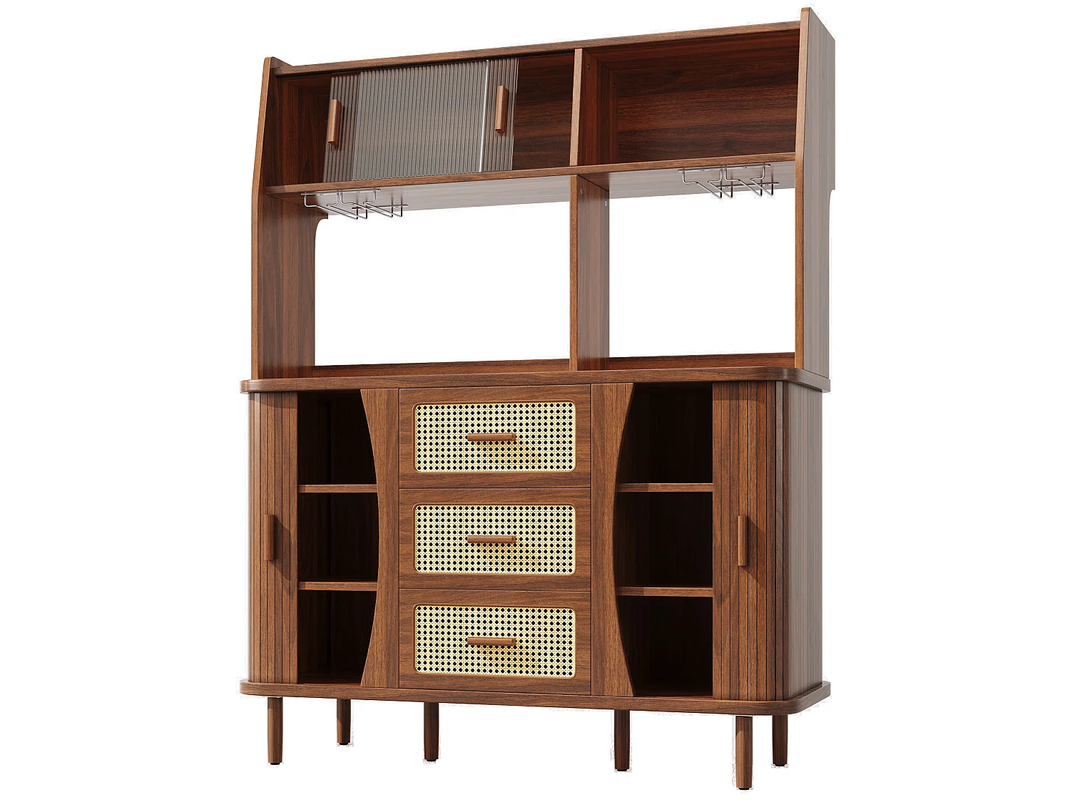 Buffet de cuisine avec portes coulissantes et 3 tiroirs en aspec rotin - Marron