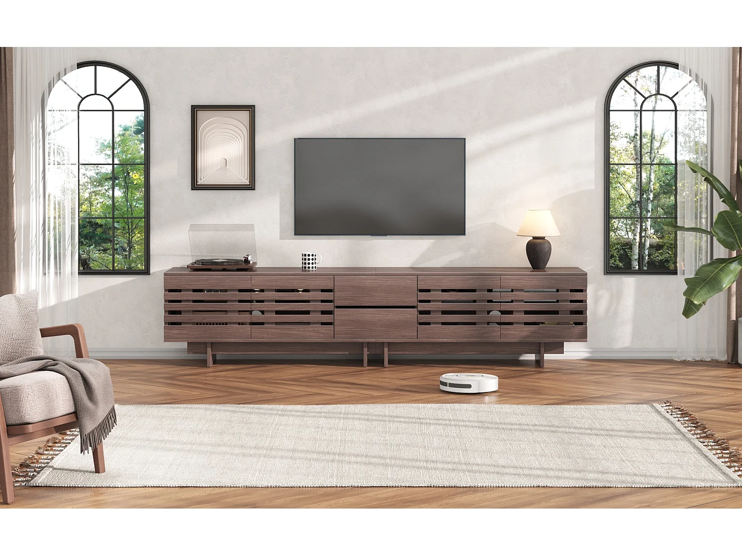 Mobile porta TV marrone 200 x 39,5 x 55 cm con 4 ante e 2 cassetti – Per TV da 80 pollici