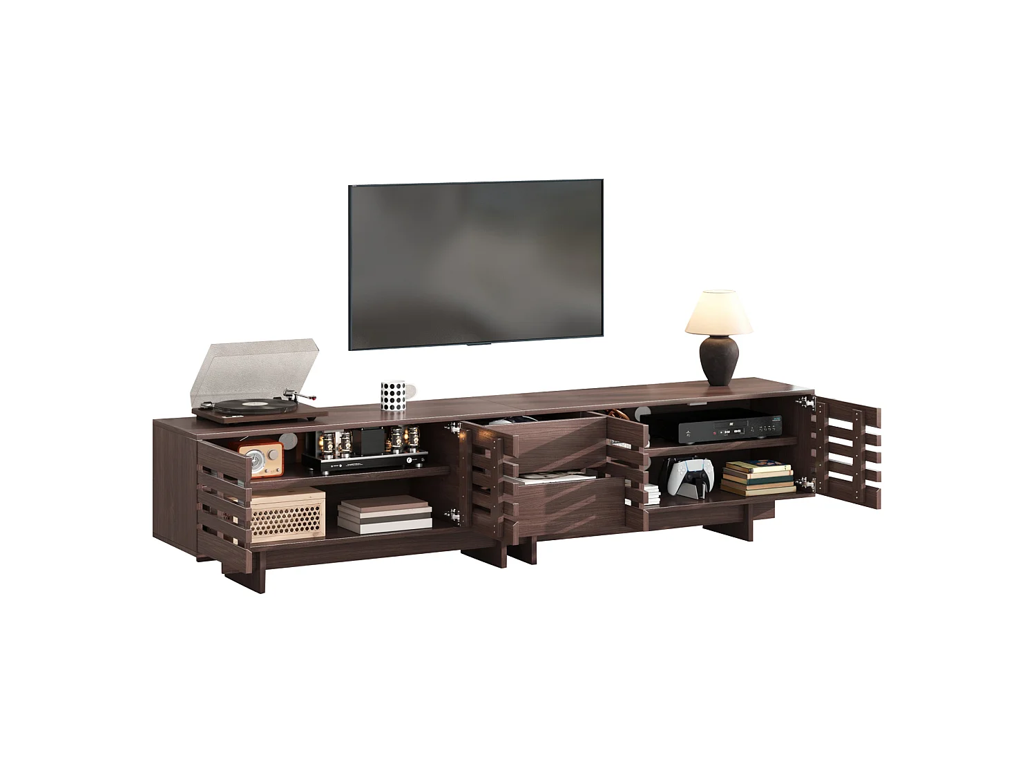 Mobile porta TV marrone 200 x 39,5 x 55 cm con 4 ante e 2 cassetti – Per TV da 80 pollici