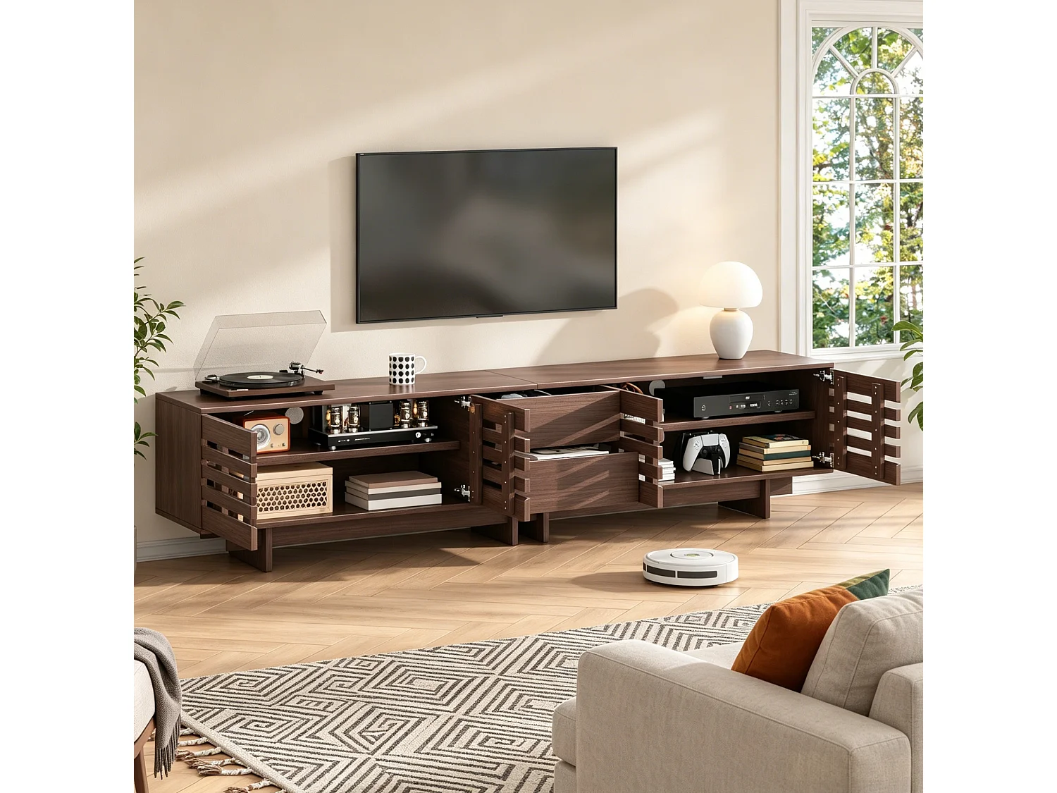 Mobile porta TV marrone 200 x 39,5 x 55 cm con 4 ante e 2 cassetti – Per TV da 80 pollici