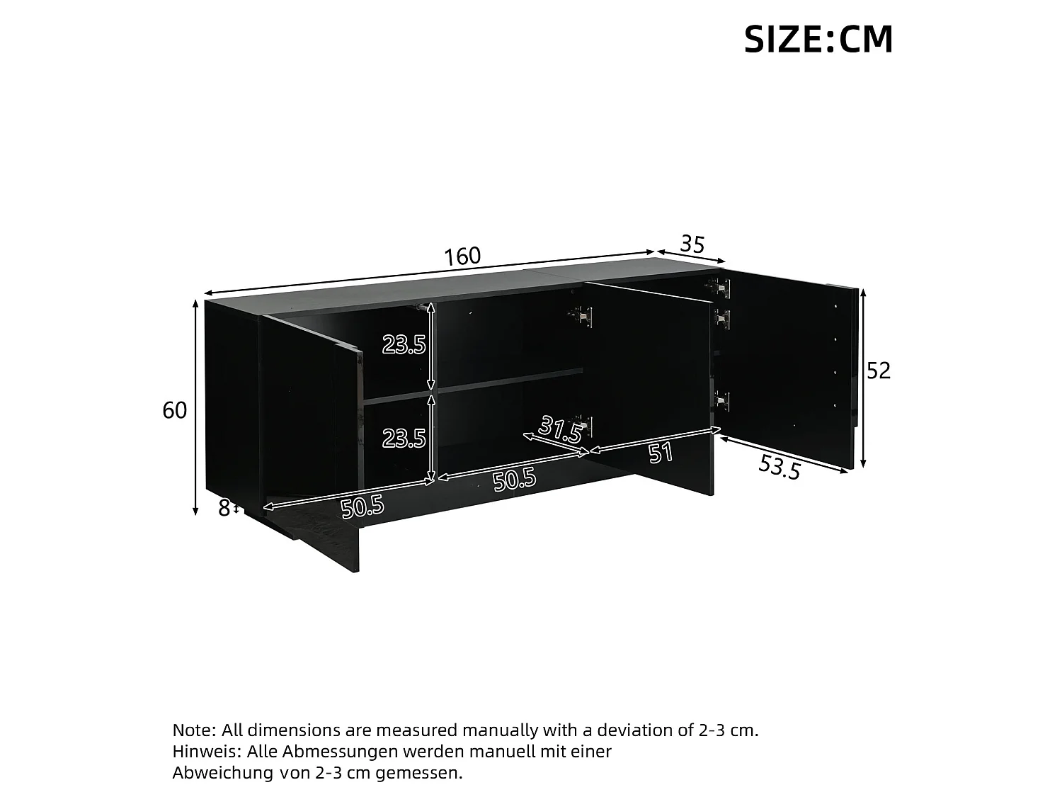 Buffet de salon 160 x 35 x 60 cm à 3 portes - Noir finition brillante