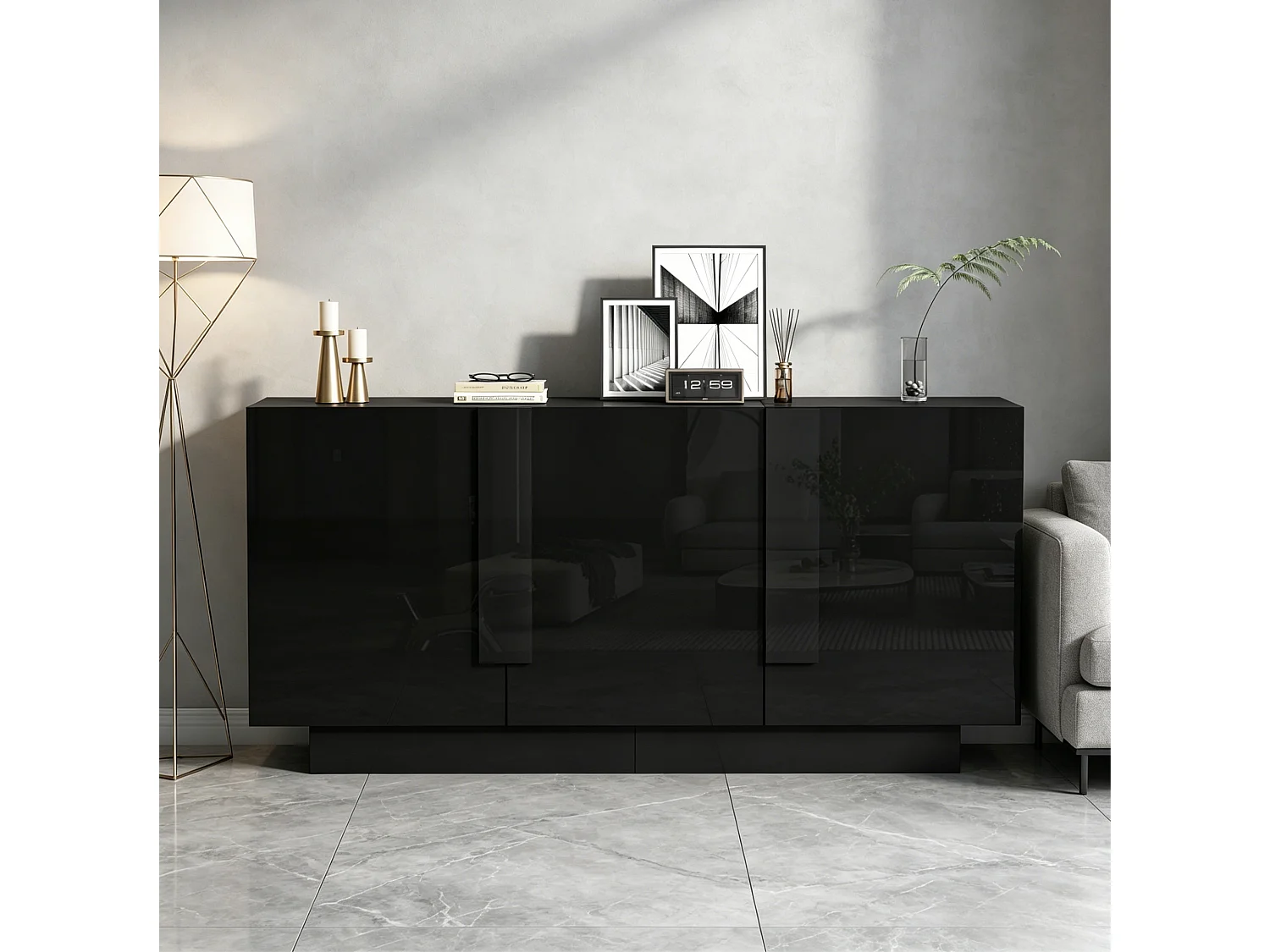 Buffet de salon 160 x 35 x 60 cm à 3 portes - Noir finition brillante