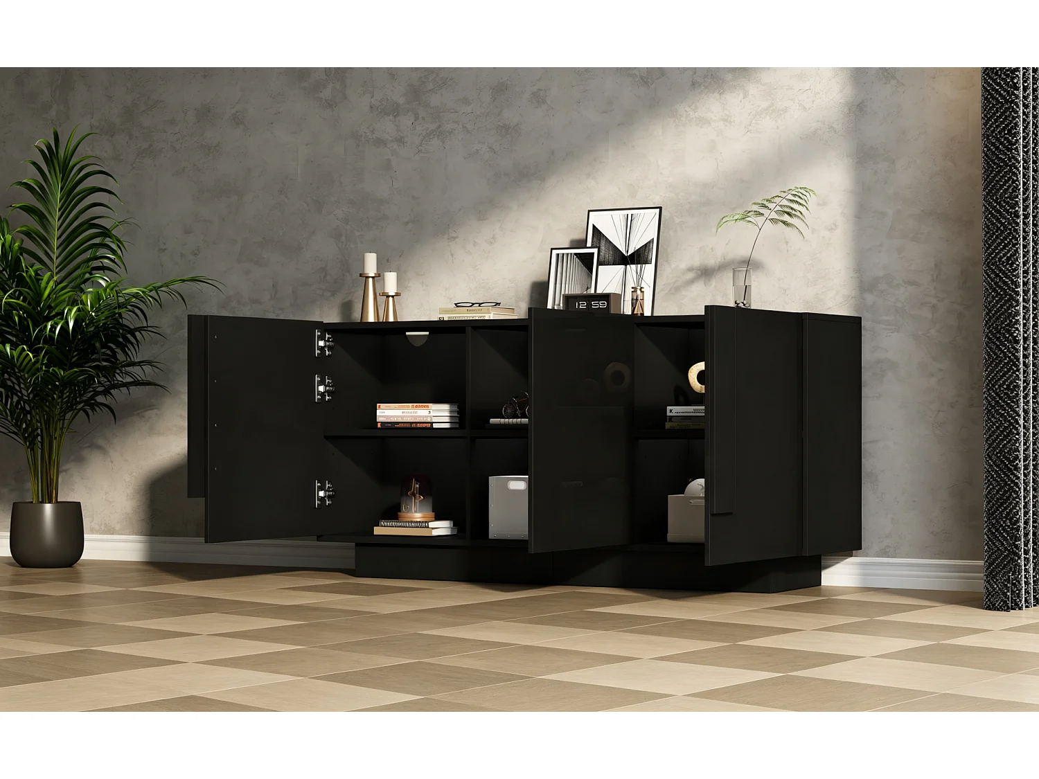 Buffet de salon 160 x 35 x 60 cm à 3 portes - Noir finition brillante