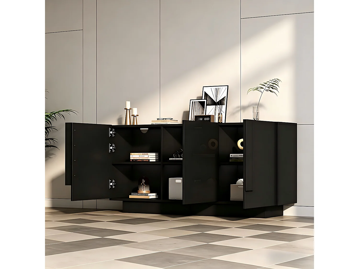 Buffet de salon 160 x 35 x 60 cm à 3 portes - Noir finition brillante