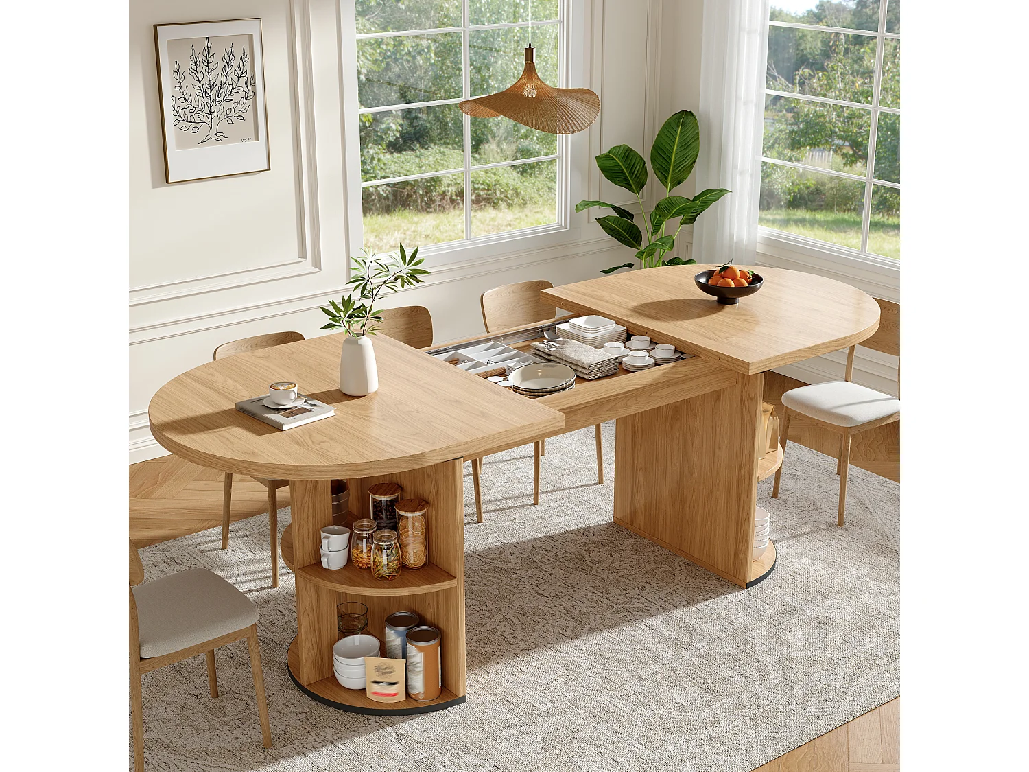 Table à manger extensible 80x120-160 cm avec rangement caché - Marron clair