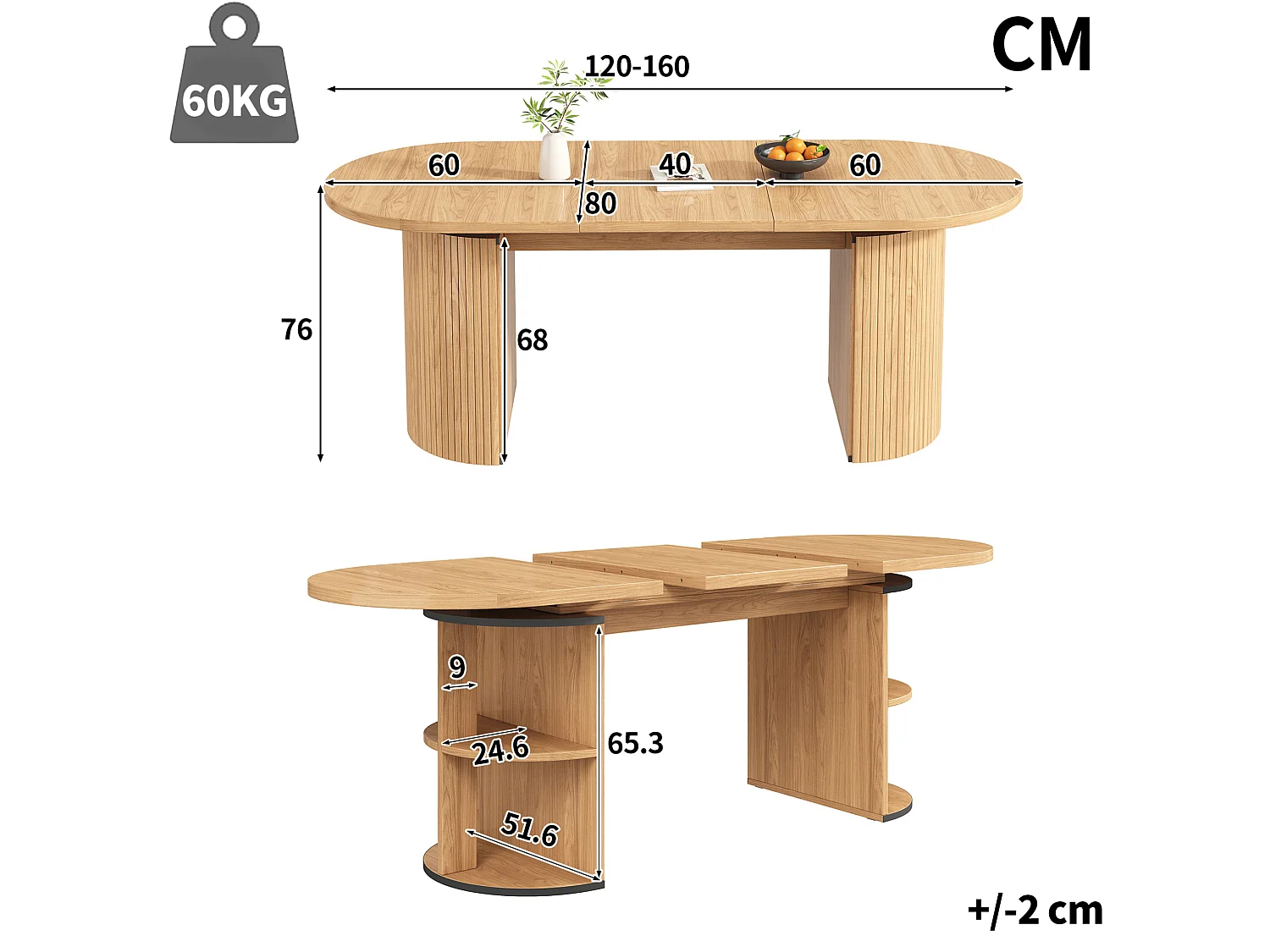 Table à manger extensible 80x120-160 cm avec rangement caché - Marron clair